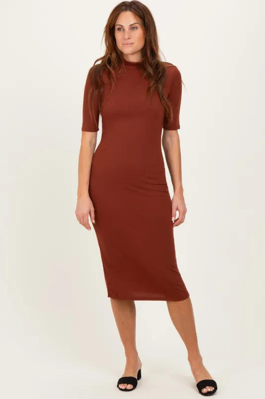 Maroon Ribbed Mock Neck Midi Dress sold by Pinkblush