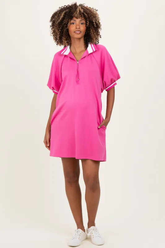Hot Pink Half Zip Puff Sleeve Maternity Mini Dress sold by Pinkblush