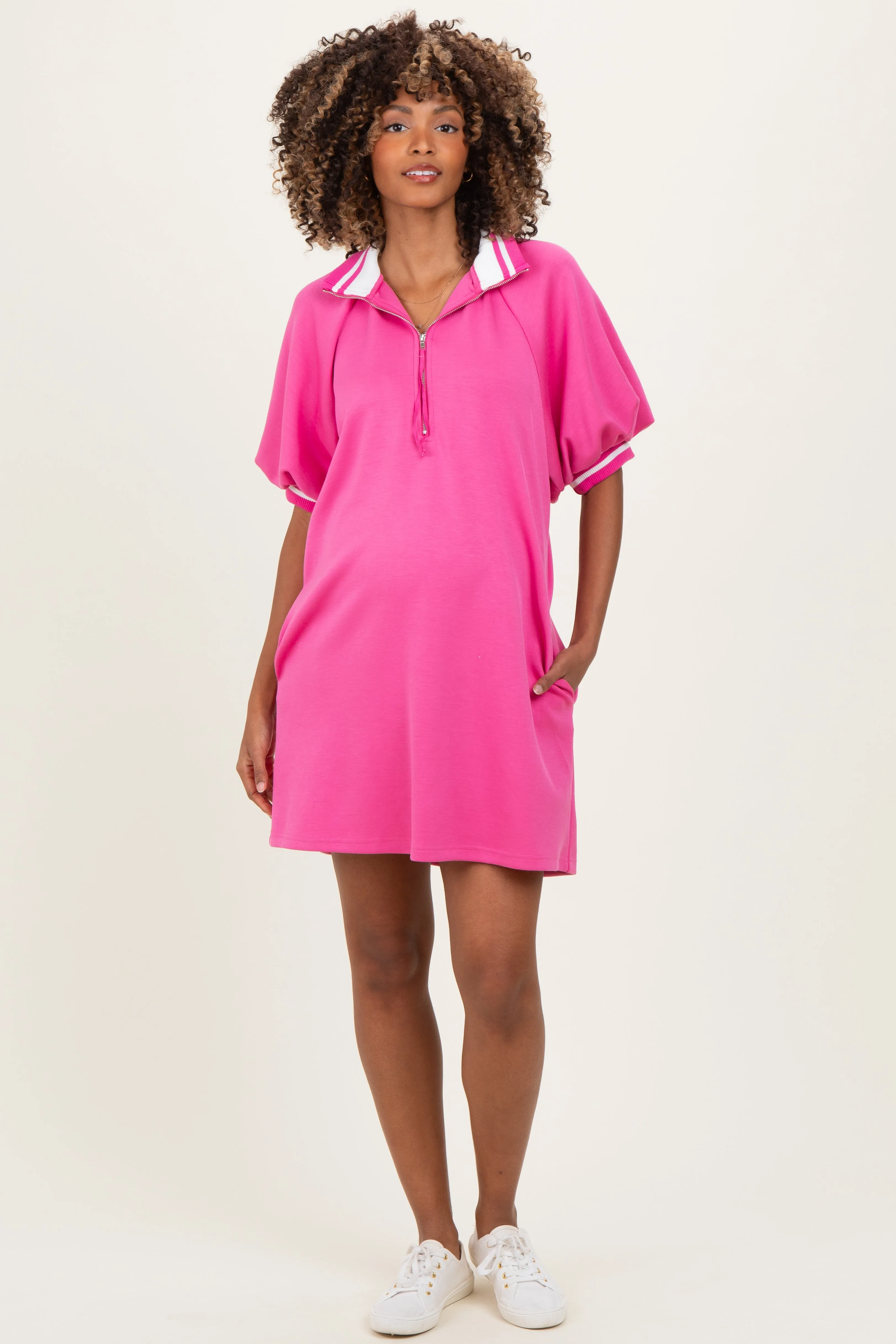 Hot Pink Half Zip Puff Sleeve Maternity Mini Dress sold by Pinkblush