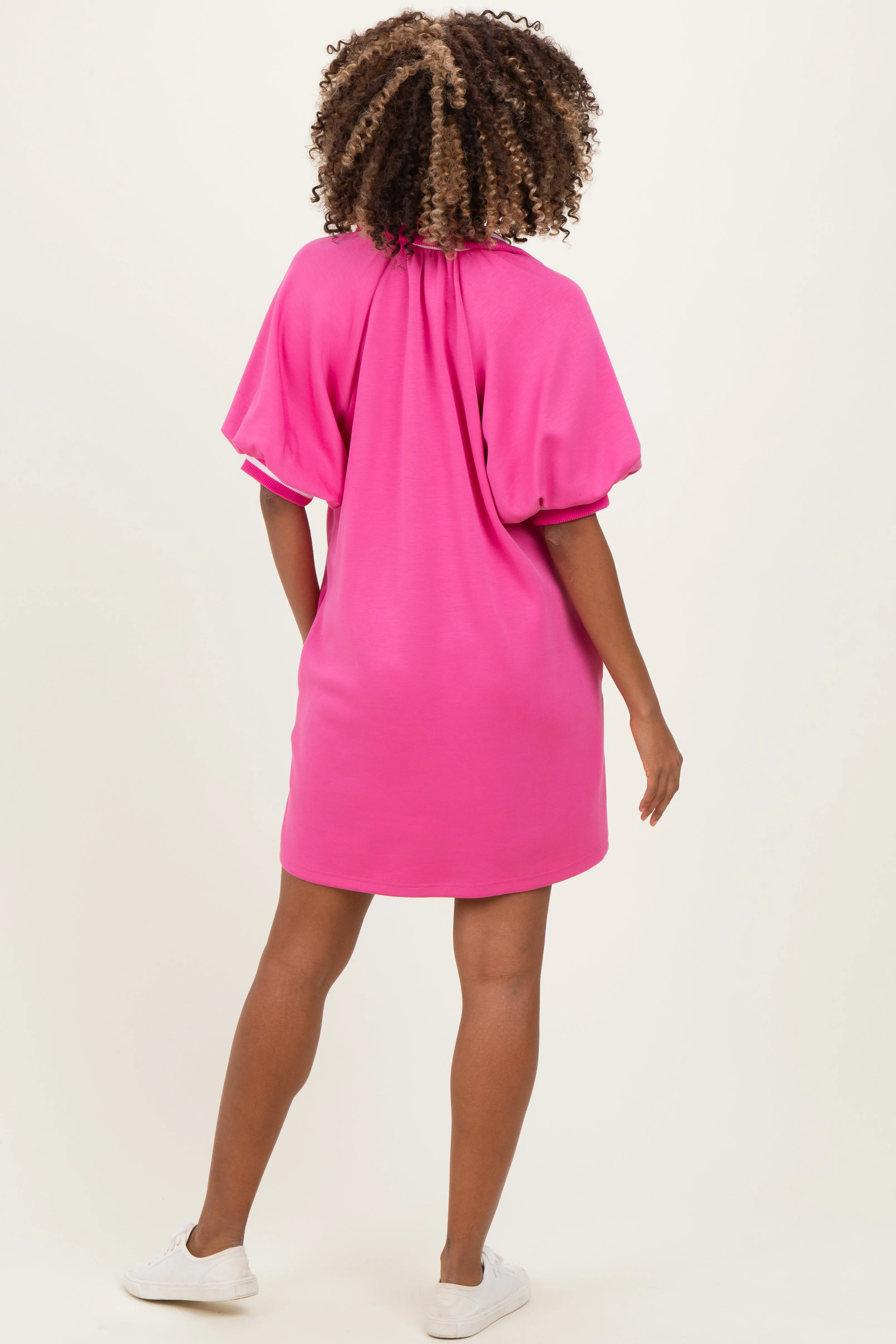 Hot Pink Half Zip Puff Sleeve Maternity Mini Dress sold by Pinkblush product image thumbnail 3