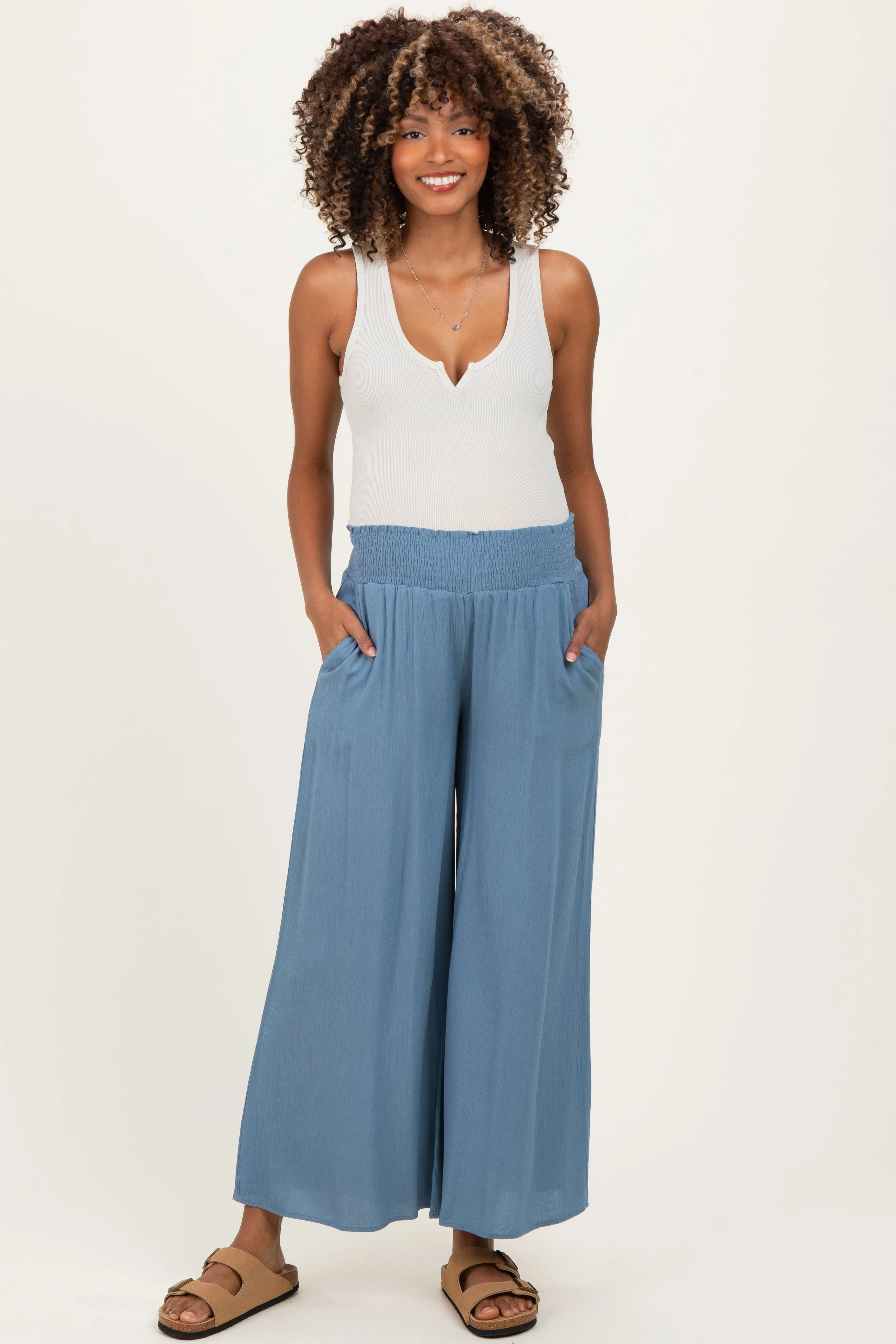 Light Blue Smocked Waist Ankle Wide Leg Maternity Pants sold by Pinkblush product image thumbnail 2