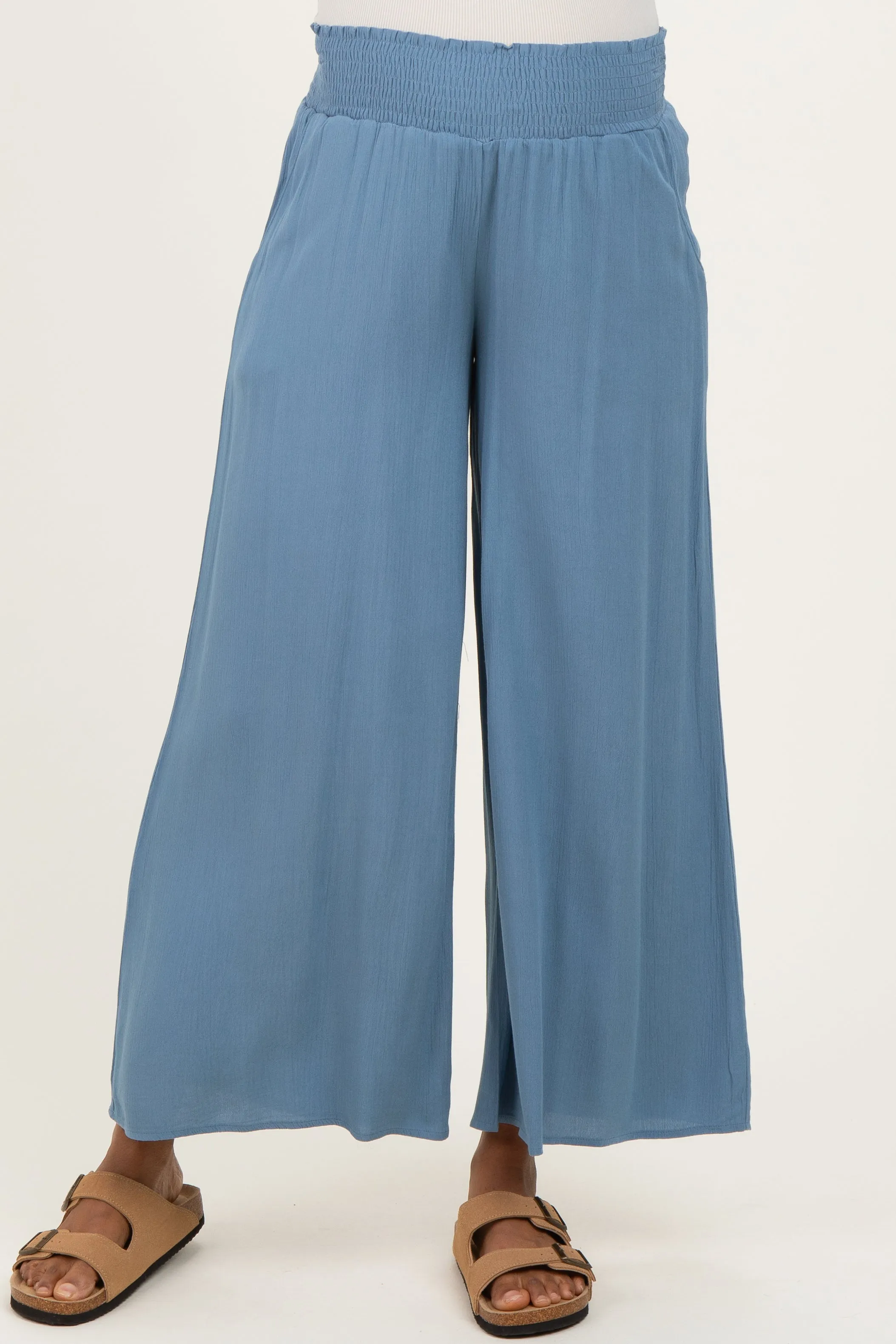 Light Blue Smocked Waist Ankle Wide Leg Maternity Pants sold by Pinkblush product image thumbnail 3