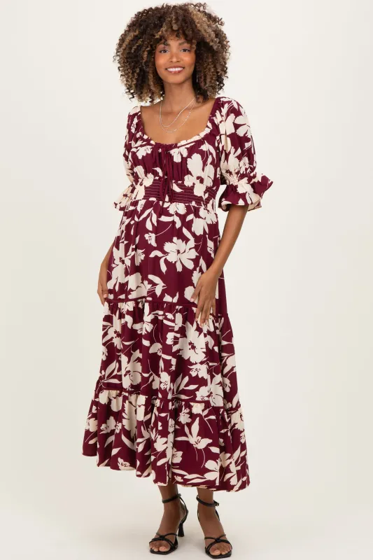 Burgundy Floral Short Sleeve Square Neck Tiered Maternity Maxi Dress sold by Pinkblush