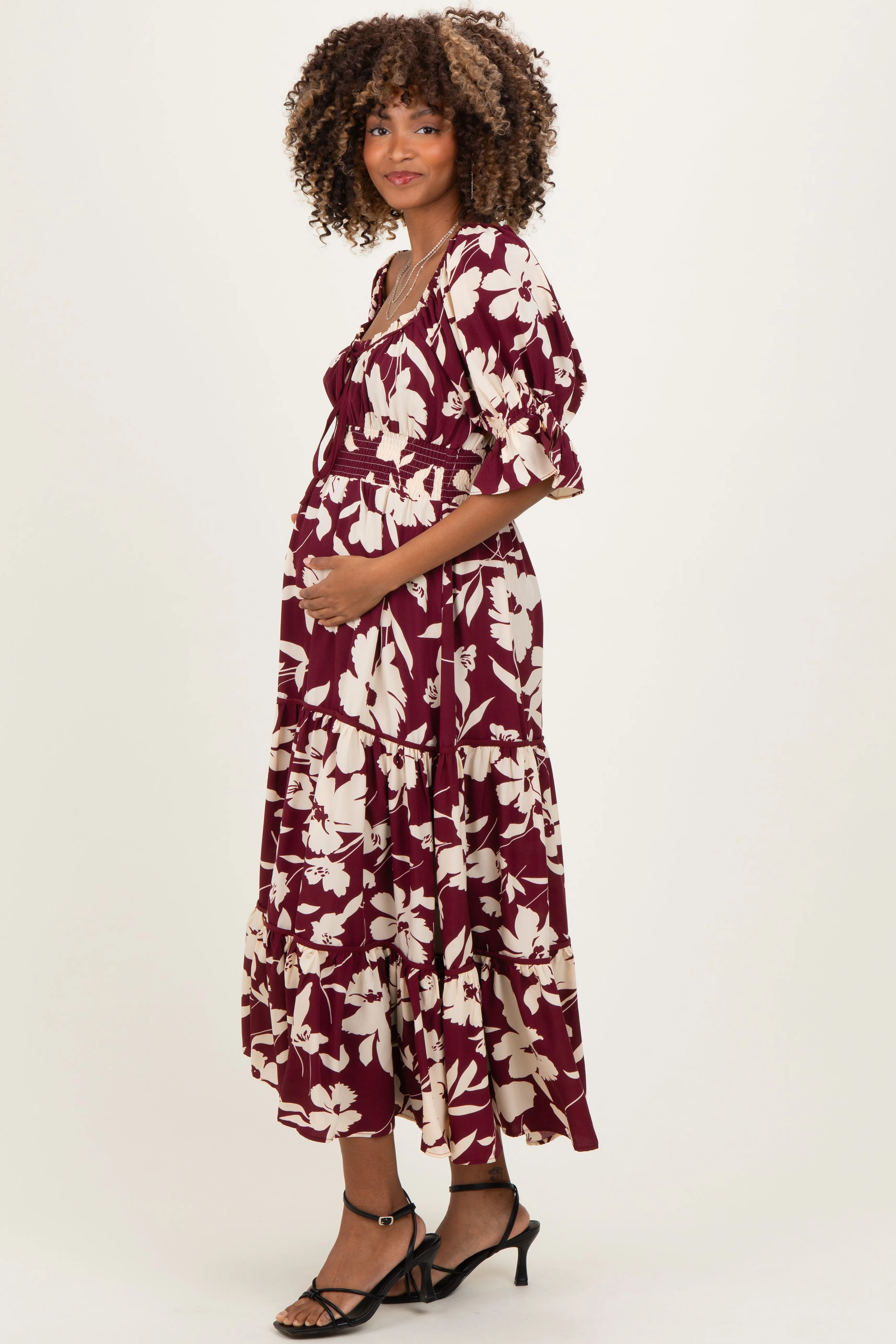 Burgundy Floral Short Sleeve Square Neck Tiered Maternity Maxi Dress sold by Pinkblush product image thumbnail 2