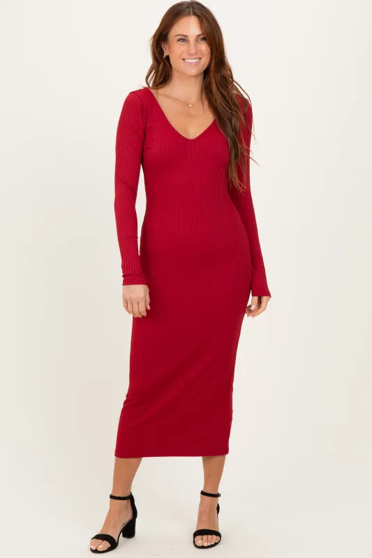 Dark Red V-Neck Long Sleeve Fitted Maxi Dress sold by Pinkblush