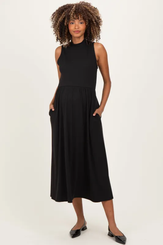 Black Ribbed Mock Neck Sleeveless Maternity Midi Dress sold by Pinkblush