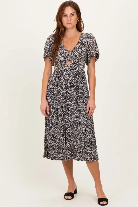 Black Floral Twist Front Cut Out Midi Dress sold by Pinkblush