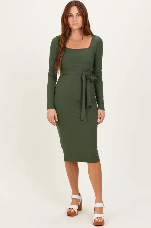 Olive Ribbed Long Sleeve Square Neck Tie Belt Midi Dress sold by Pinkblush