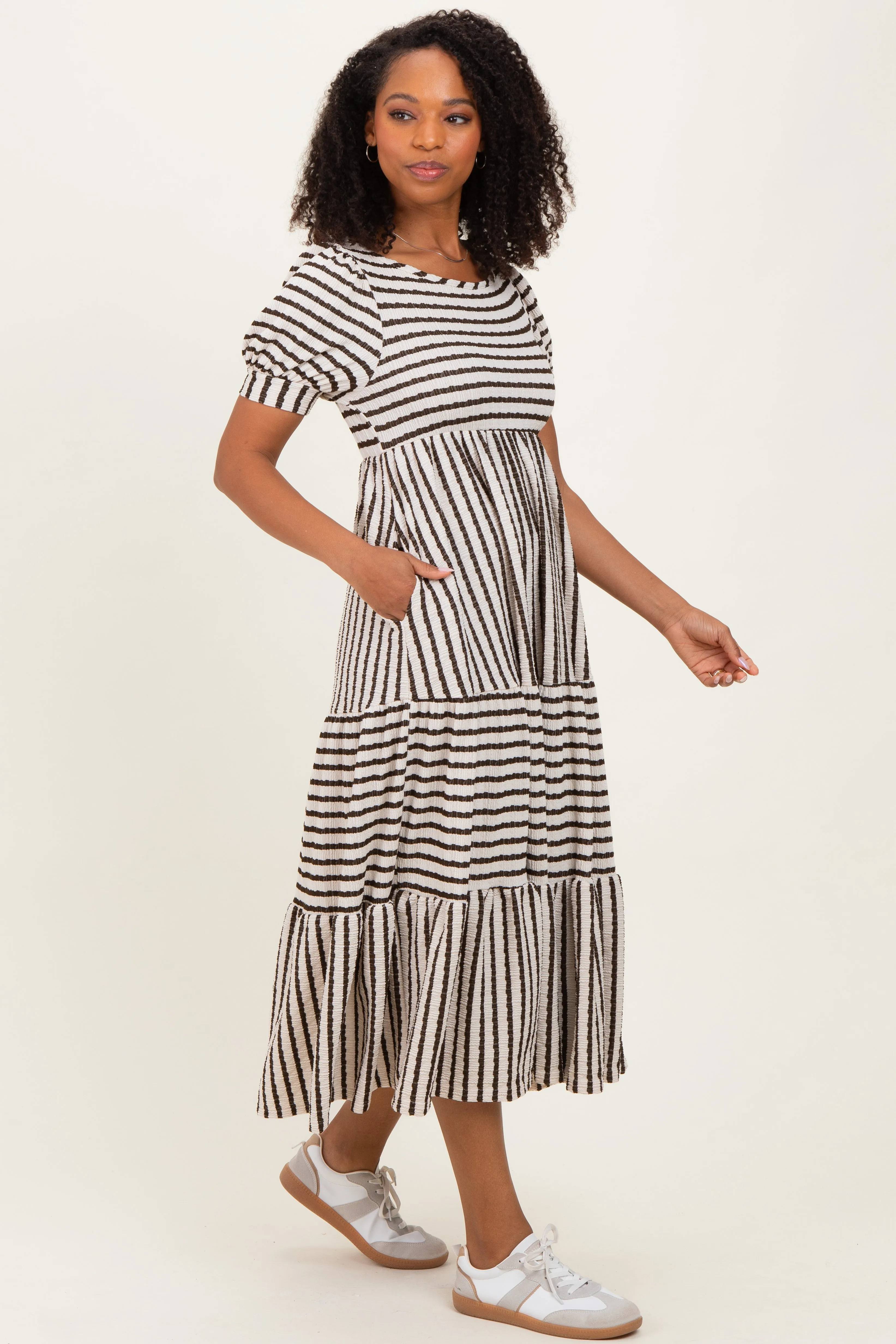 Cream/Olive Striped Short Sleeve Tiered Maxi Dress sold by Pinkblush product image thumbnail 3