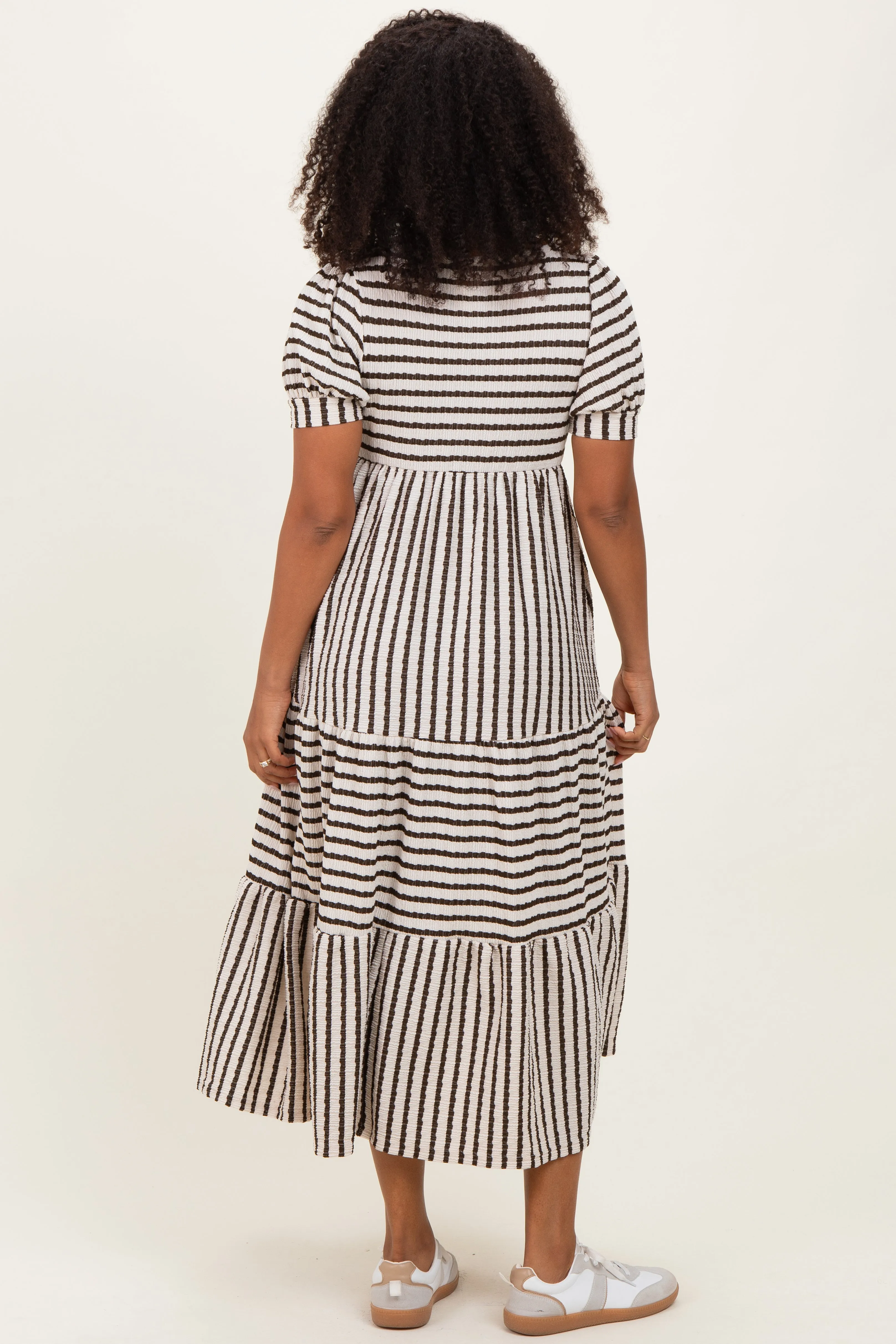 Cream/Olive Striped Short Sleeve Tiered Maxi Dress sold by Pinkblush product image thumbnail 4
