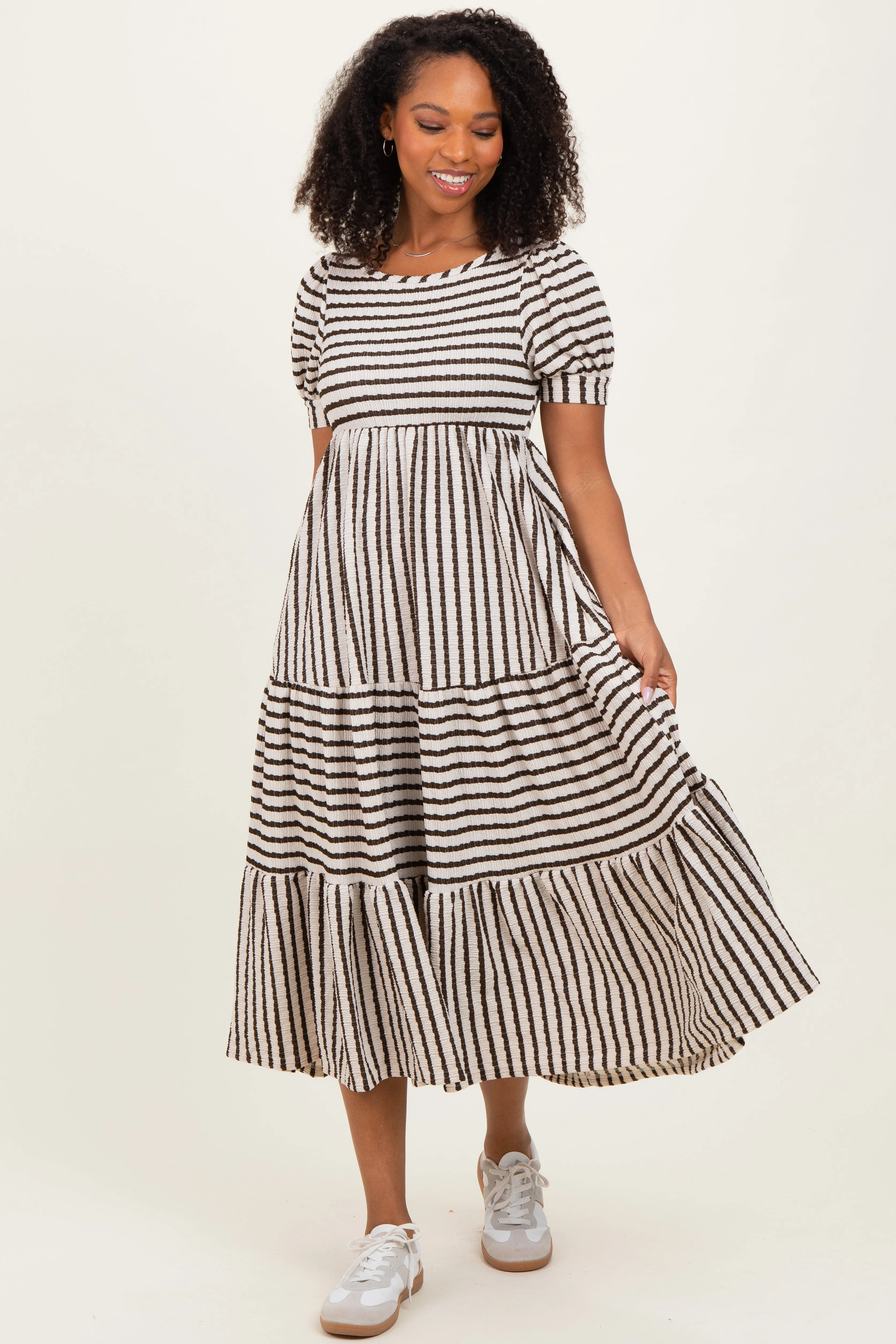 Cream/Olive Striped Short Sleeve Tiered Maxi Dress sold by Pinkblush product image thumbnail 2