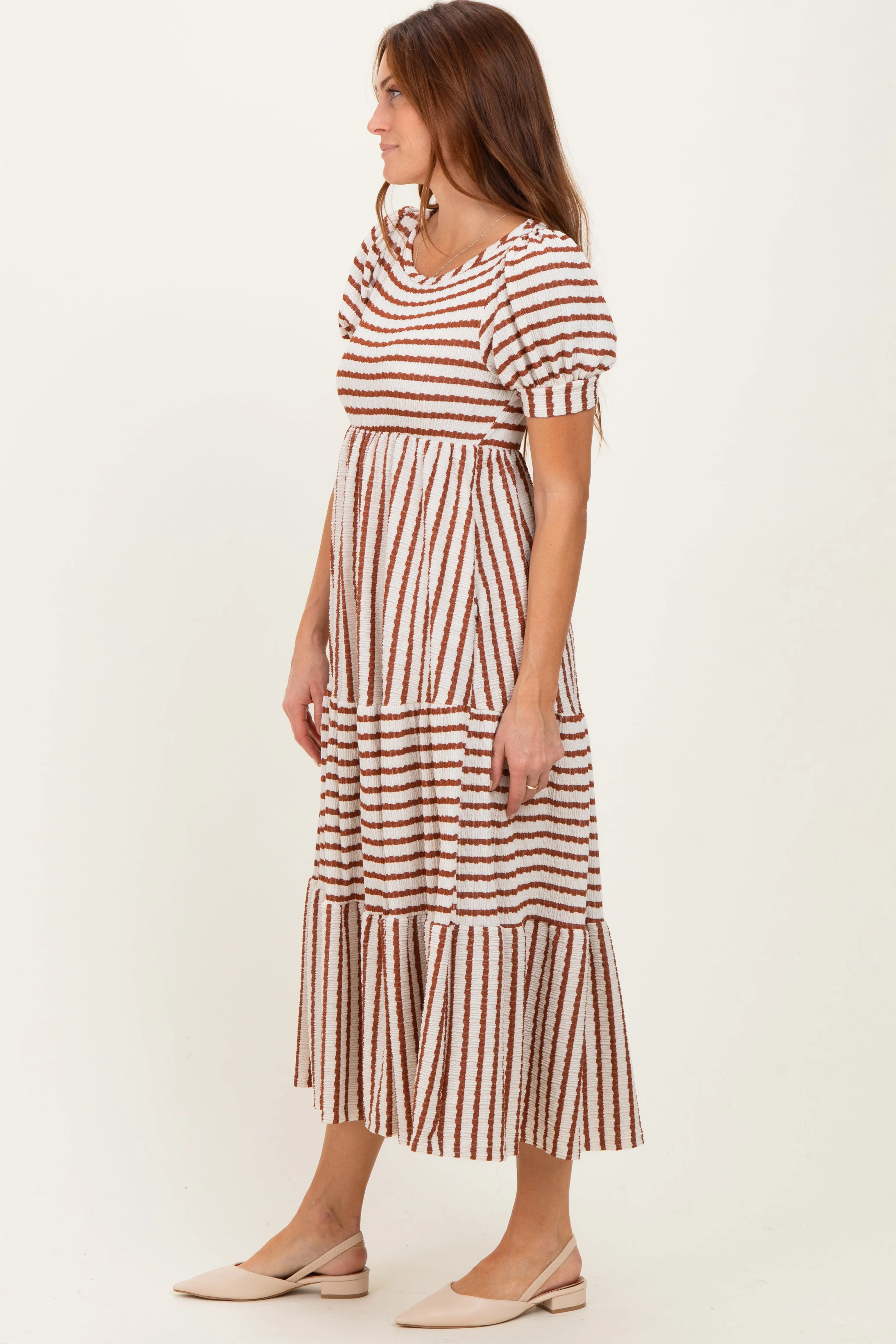 Cream/Camel Striped Short Sleeve Tiered Maxi Dress sold by Pinkblush product image thumbnail 2