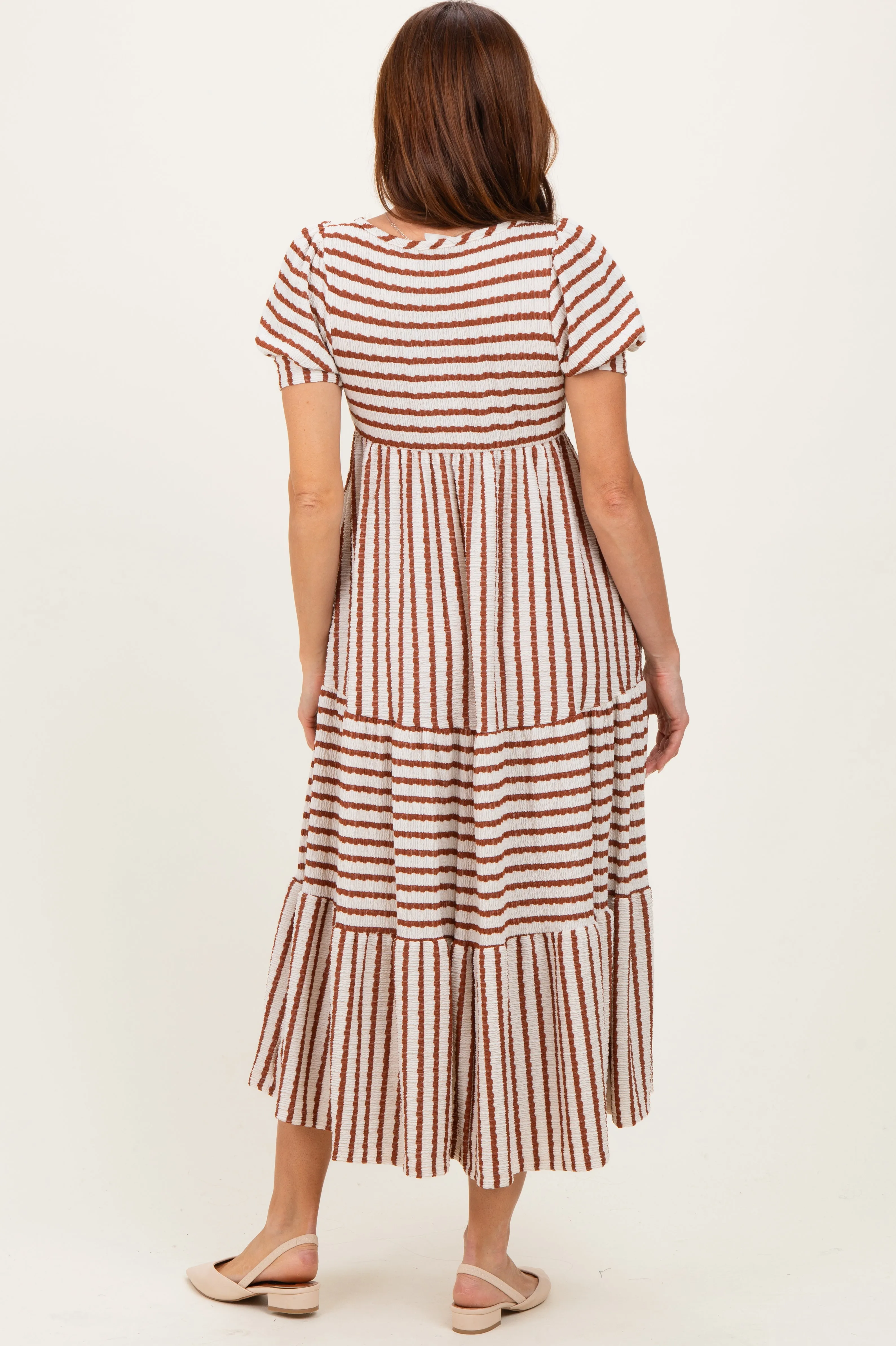 Cream/Camel Striped Short Sleeve Tiered Maxi Dress sold by Pinkblush product image thumbnail 3