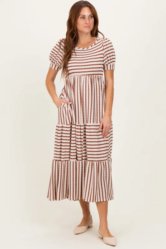 Cream/Camel Striped Short Sleeve Tiered Maxi Dress made by Pinkblush