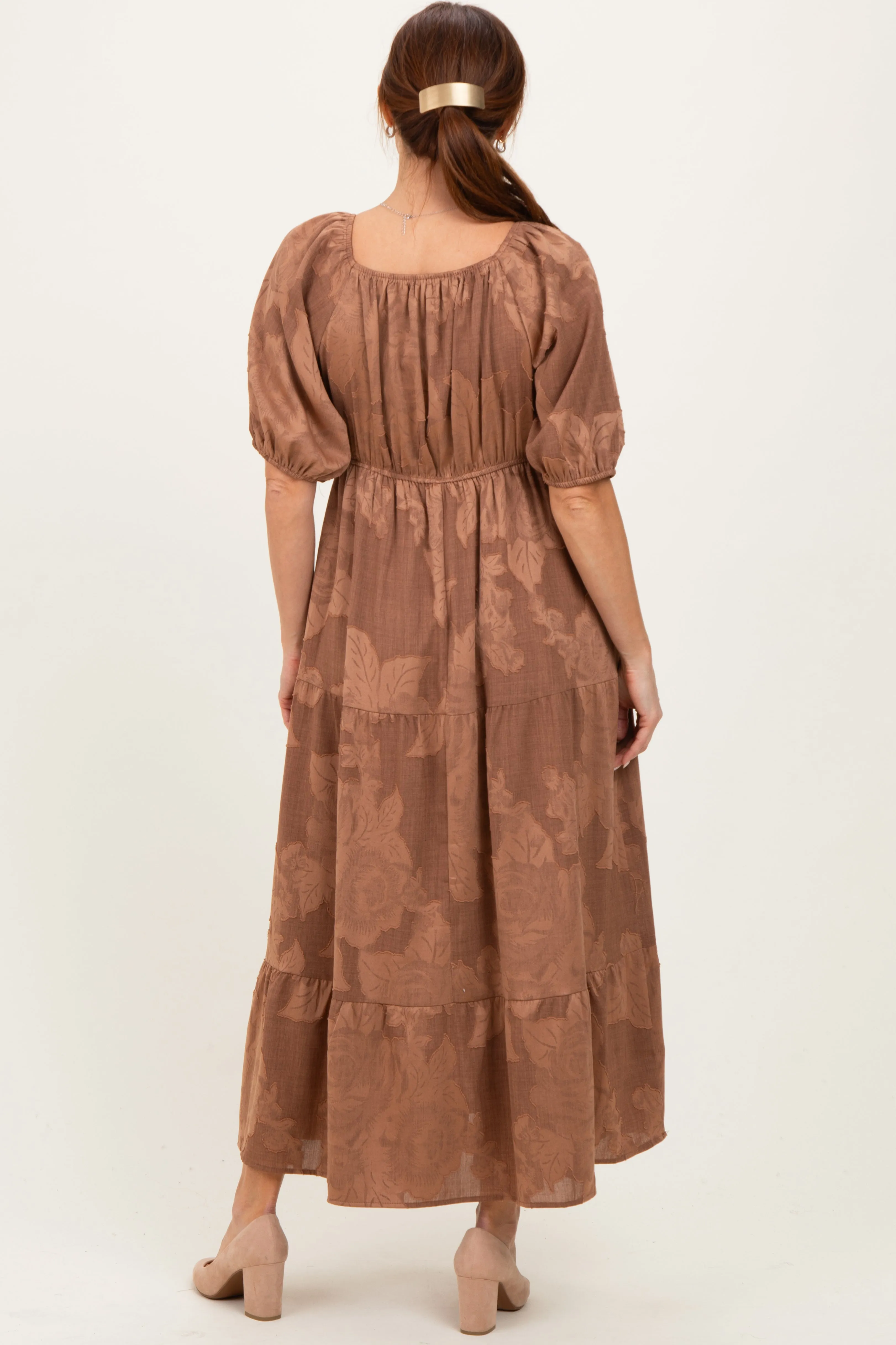Brown Floral Textured Tiered Midi Dress sold by Pinkblush product image thumbnail 3