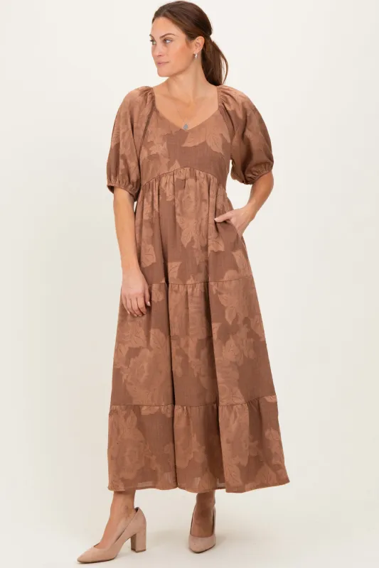 Brown Floral Textured Tiered Midi Dress sold by Pinkblush