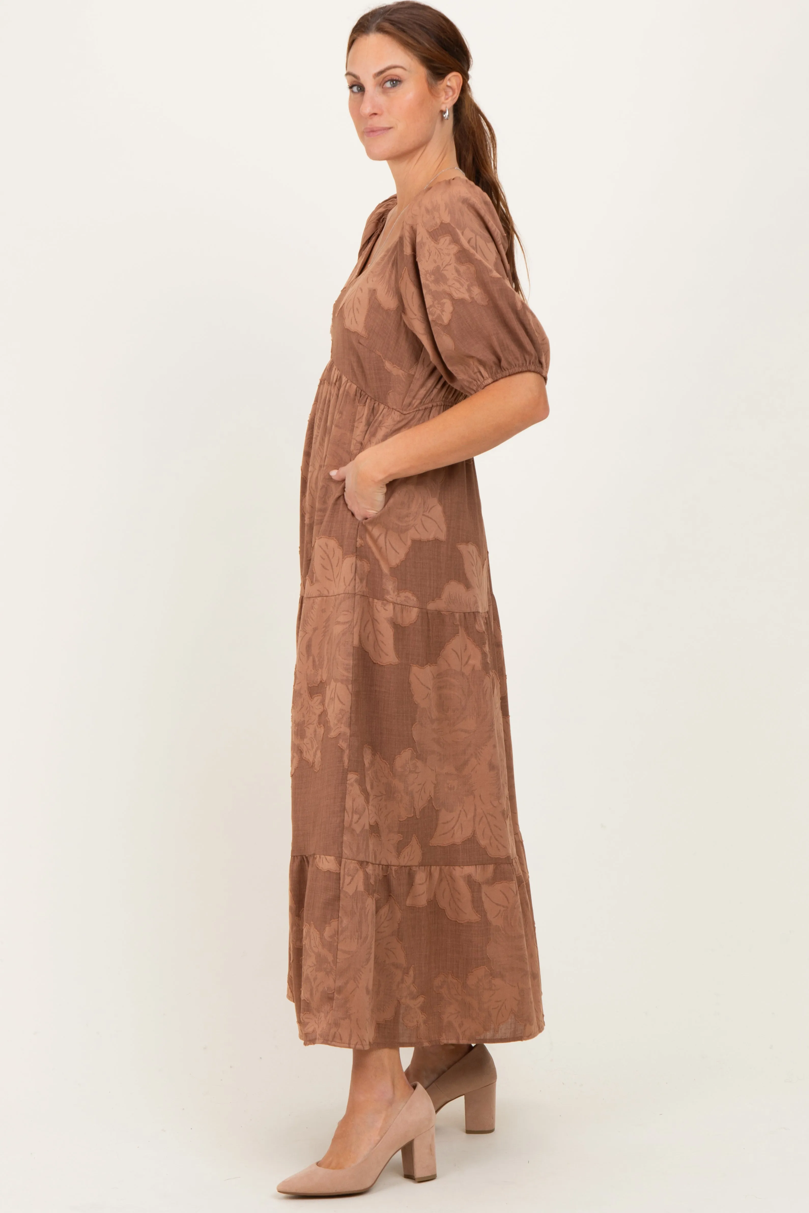 Brown Floral Textured Tiered Midi Dress sold by Pinkblush product image thumbnail 2