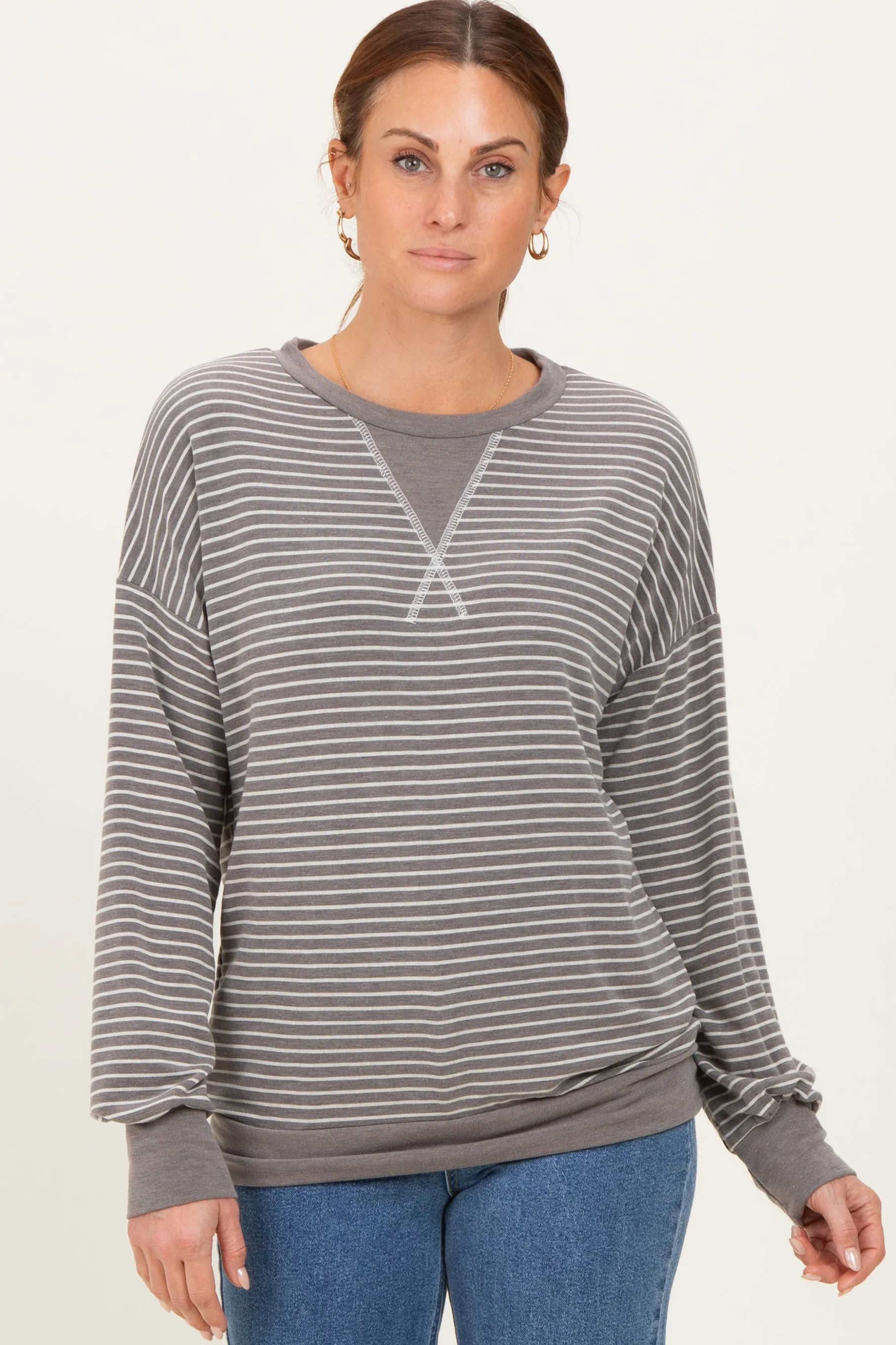 Taupe Striped Crew Neck Pullover Top sold by Pinkblush product image thumbnail 2