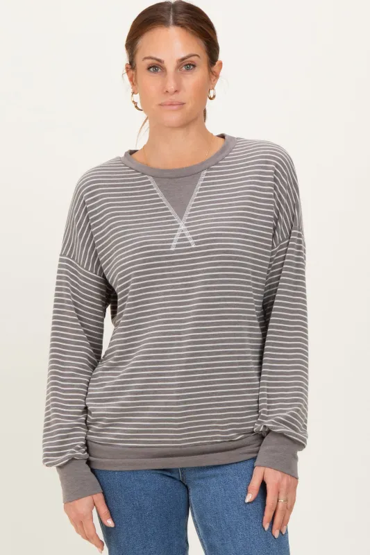 Taupe Striped Crew Neck Pullover Top sold by Pinkblush