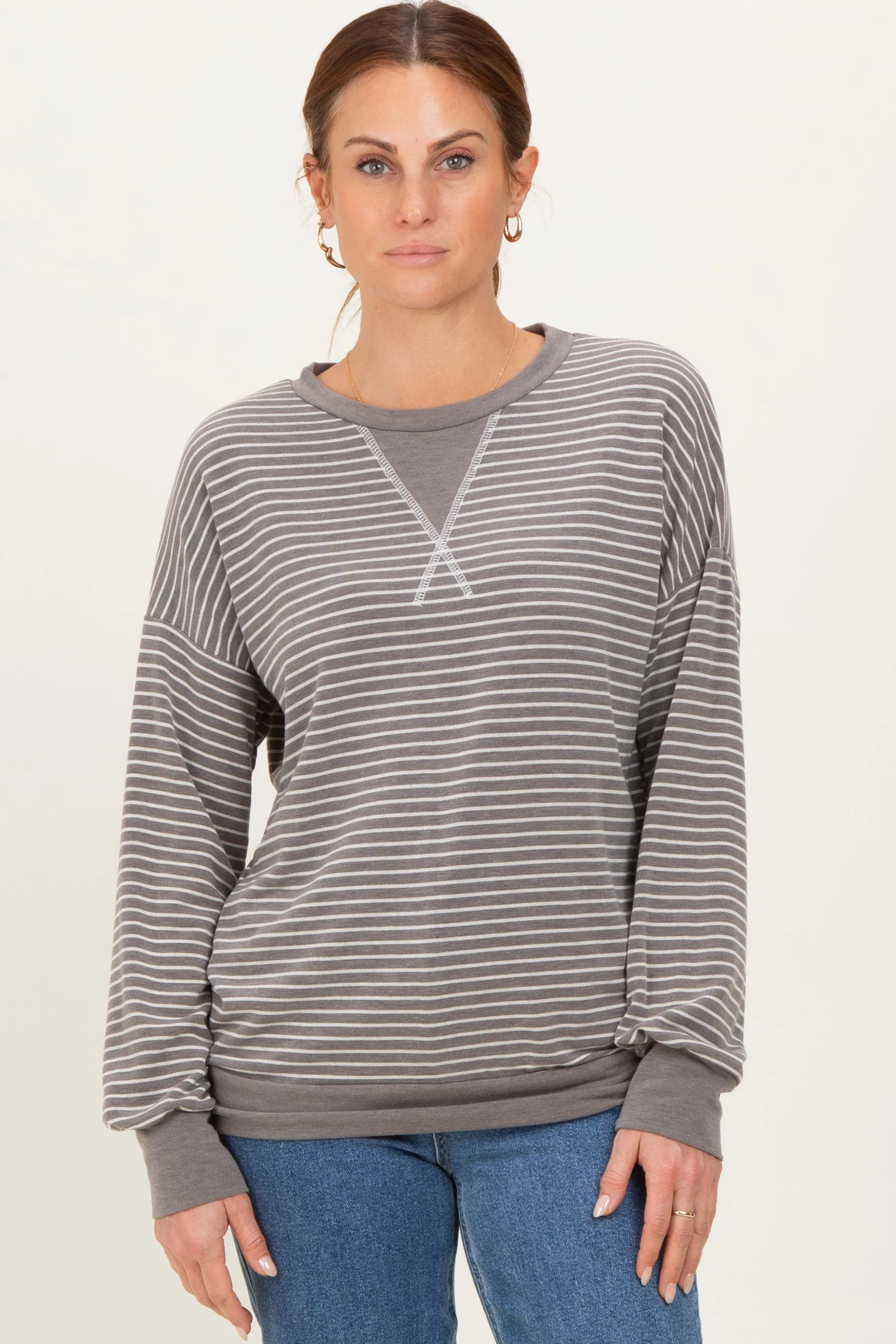 Taupe Striped Crew Neck Pullover Top sold by Pinkblush