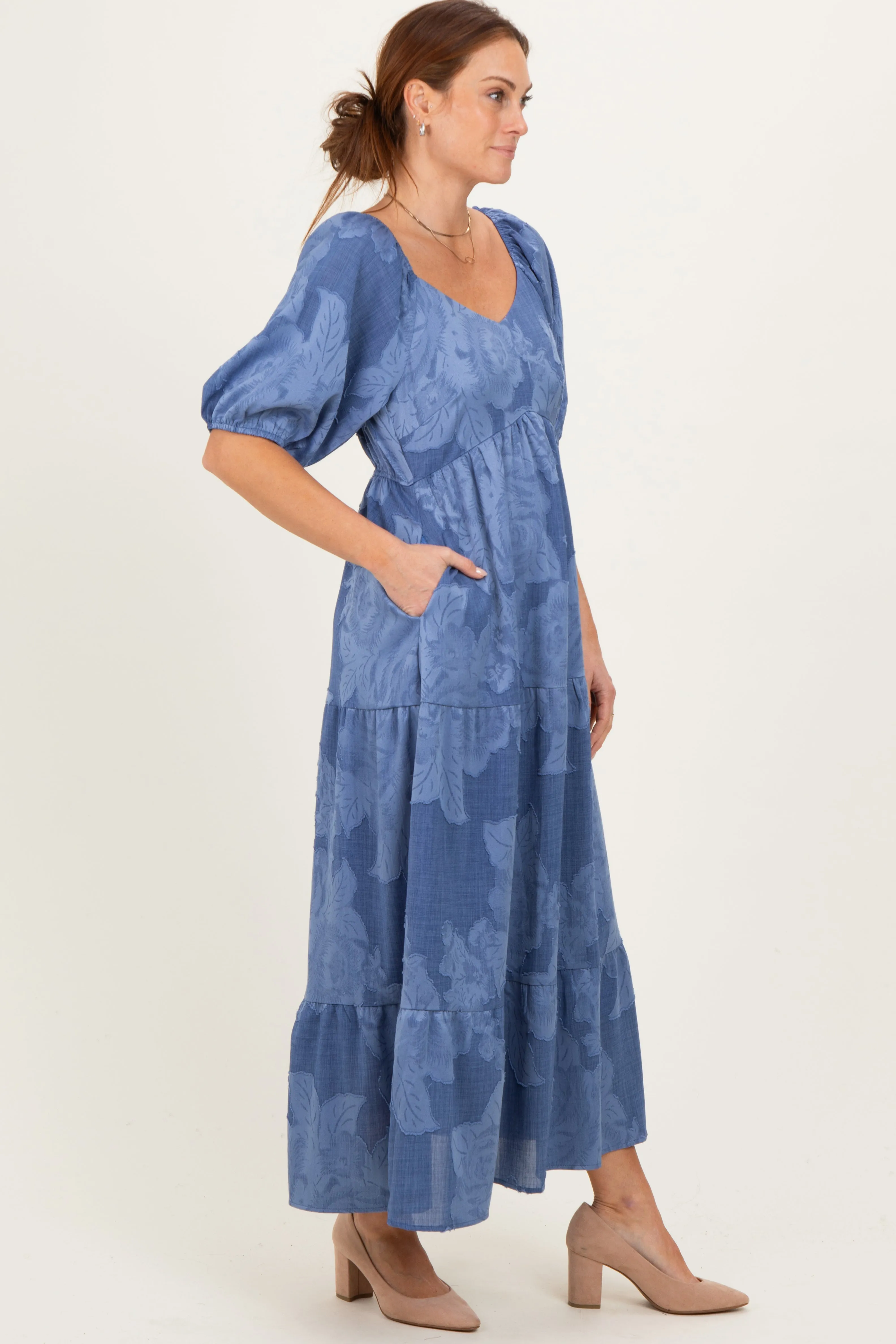 Blue Floral Textured Tiered Midi Dress sold by Pinkblush product image thumbnail 3