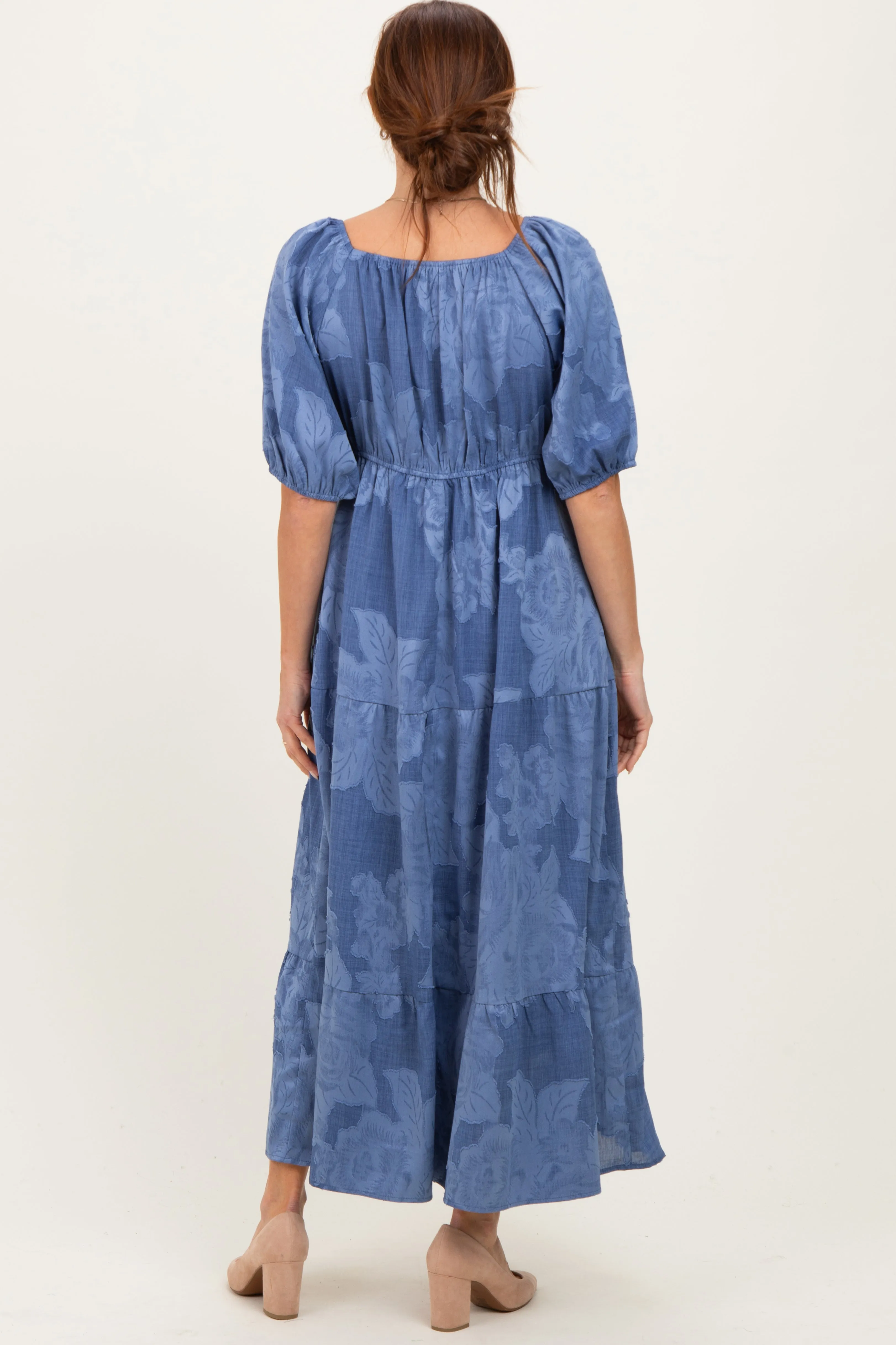 Blue Floral Textured Tiered Midi Dress sold by Pinkblush product image thumbnail 4