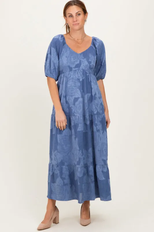 Blue Floral Textured Tiered Midi Dress sold by Pinkblush