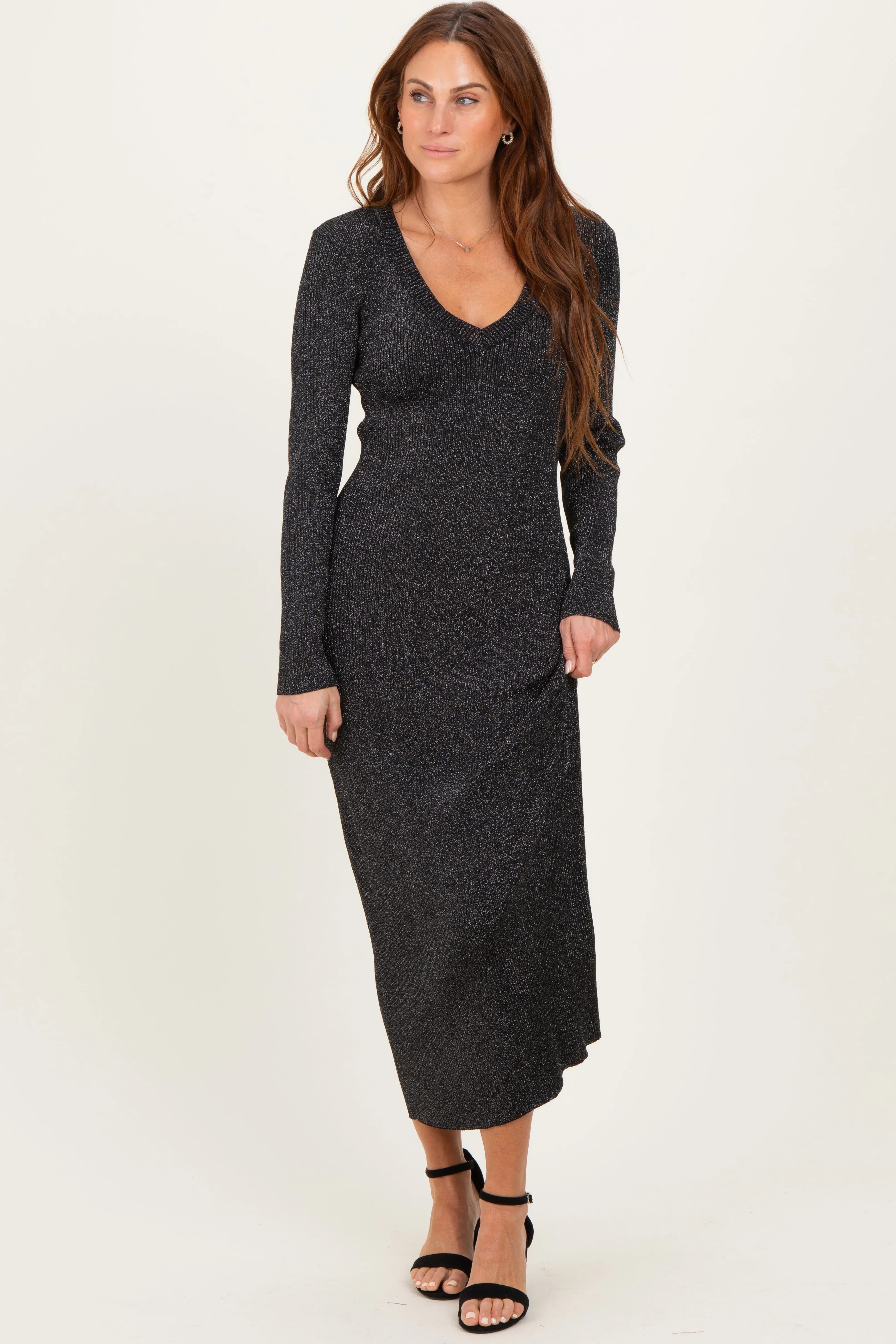 Black Shimmer Ribbed Knit Maxi Dress sold by Pinkblush