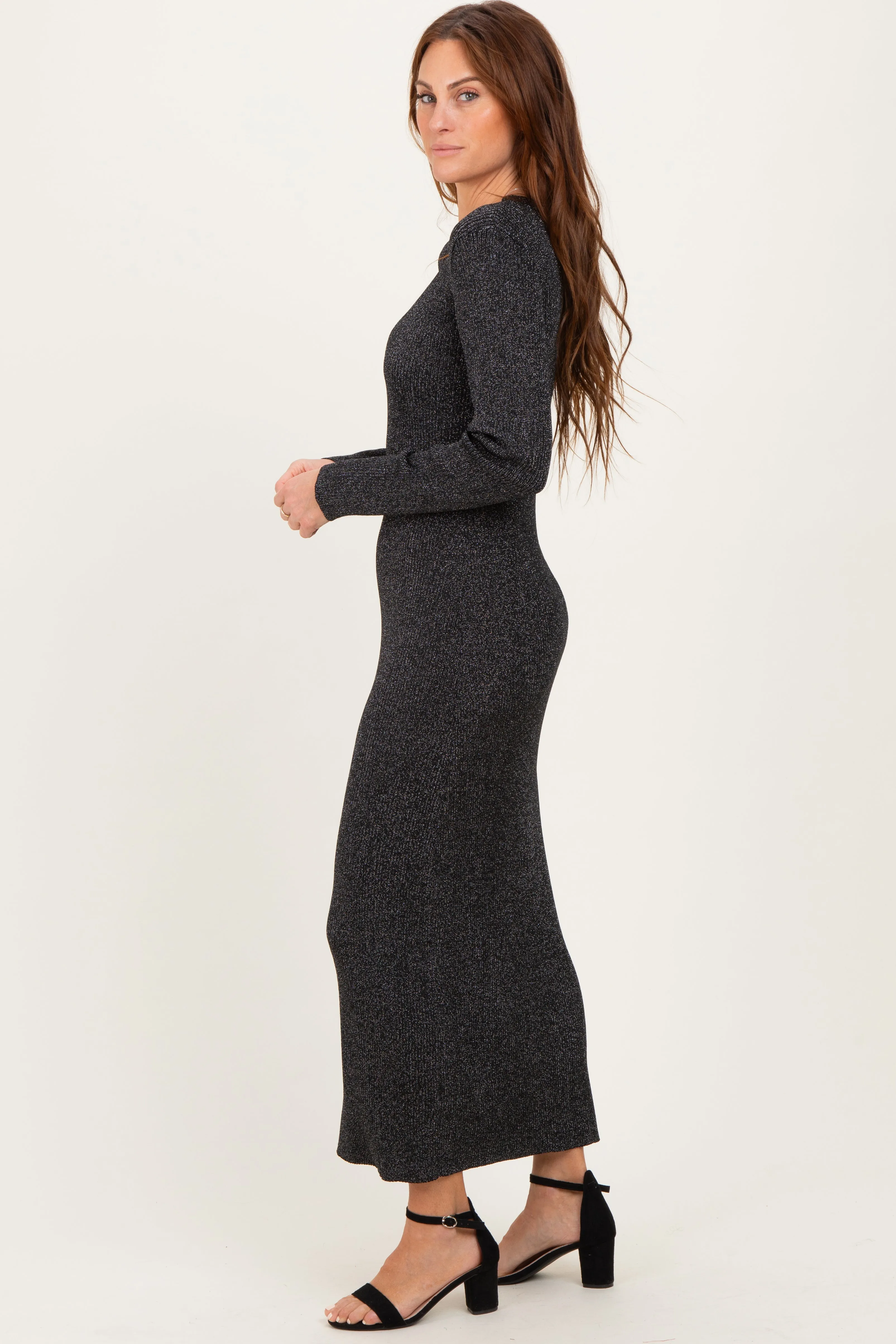 Black Shimmer Ribbed Knit Maxi Dress sold by Pinkblush product image thumbnail 2