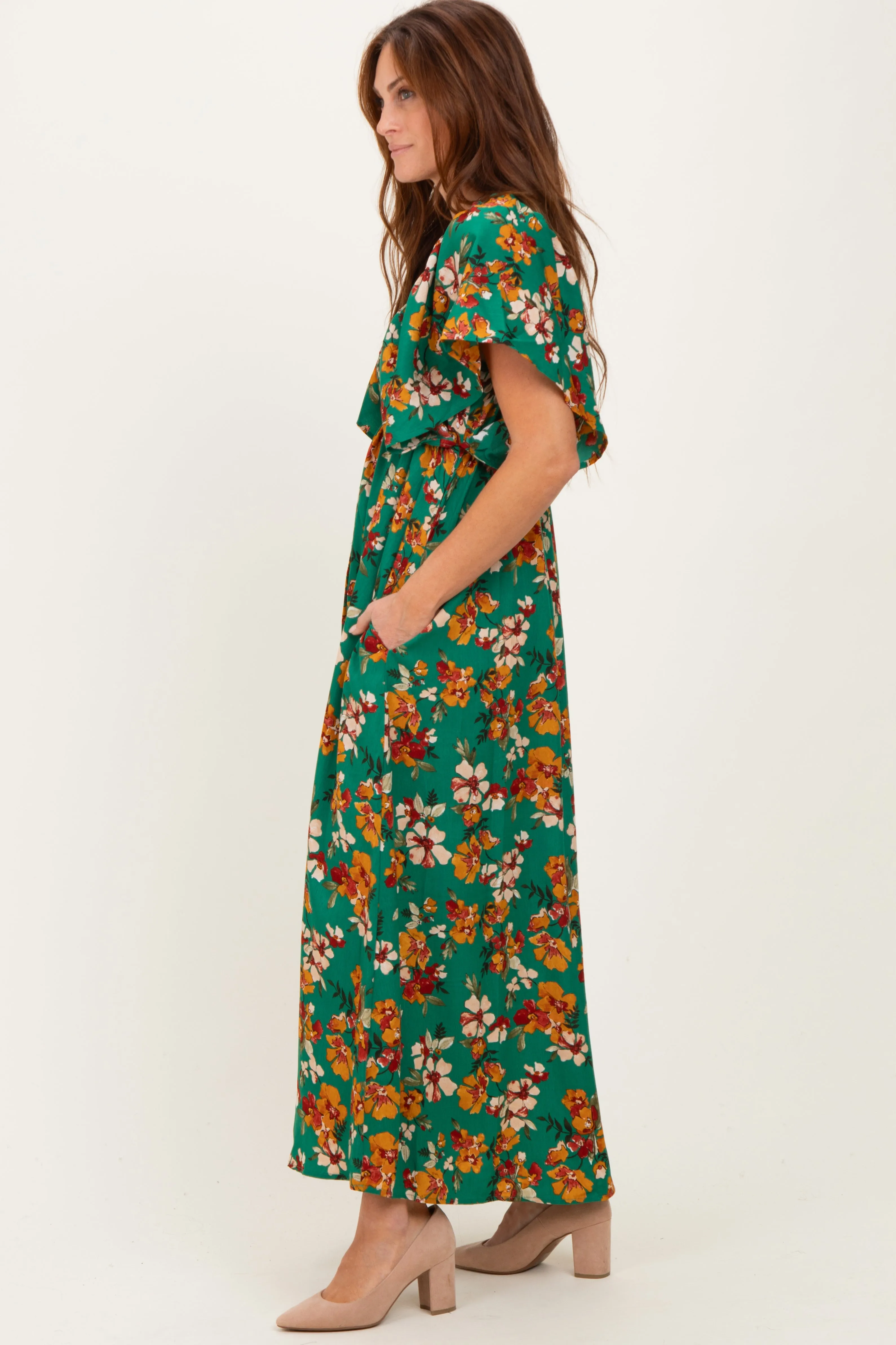 Hunter Green Fall Floral Short Sleeve V-Neck Maxi Dress sold by Pinkblush product image thumbnail 3