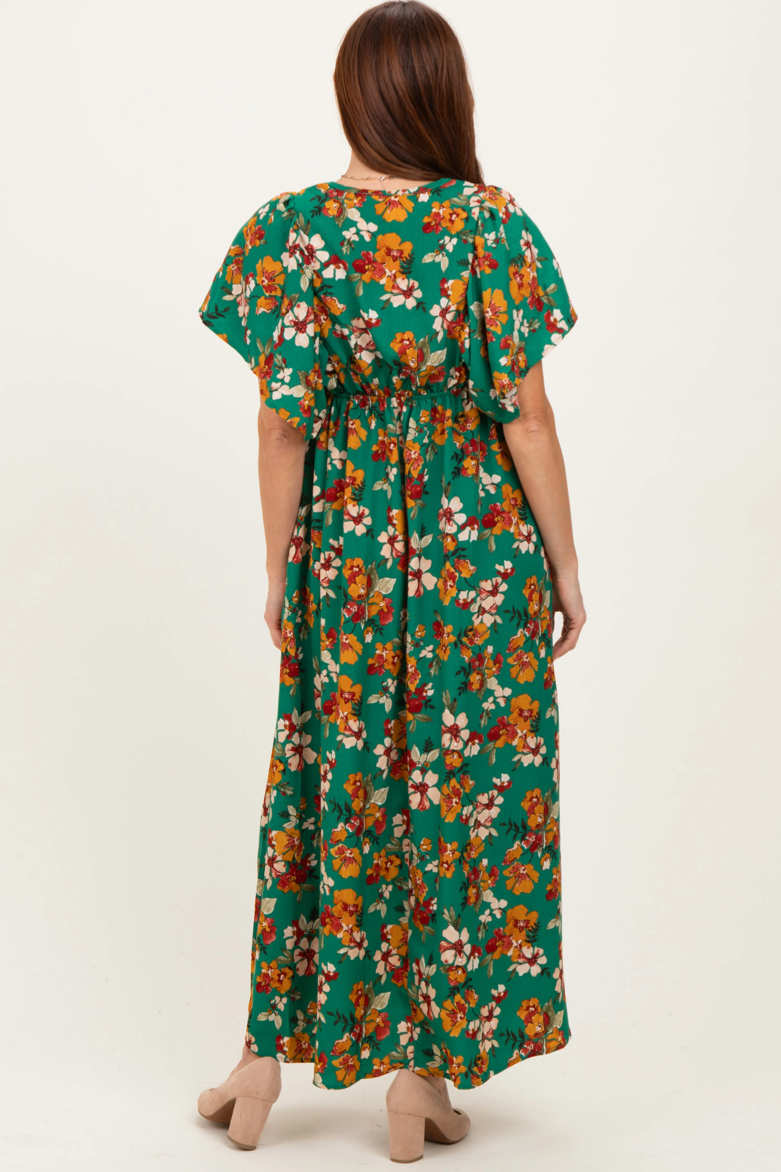 Hunter Green Fall Floral Short Sleeve V-Neck Maxi Dress sold by Pinkblush product image thumbnail 4