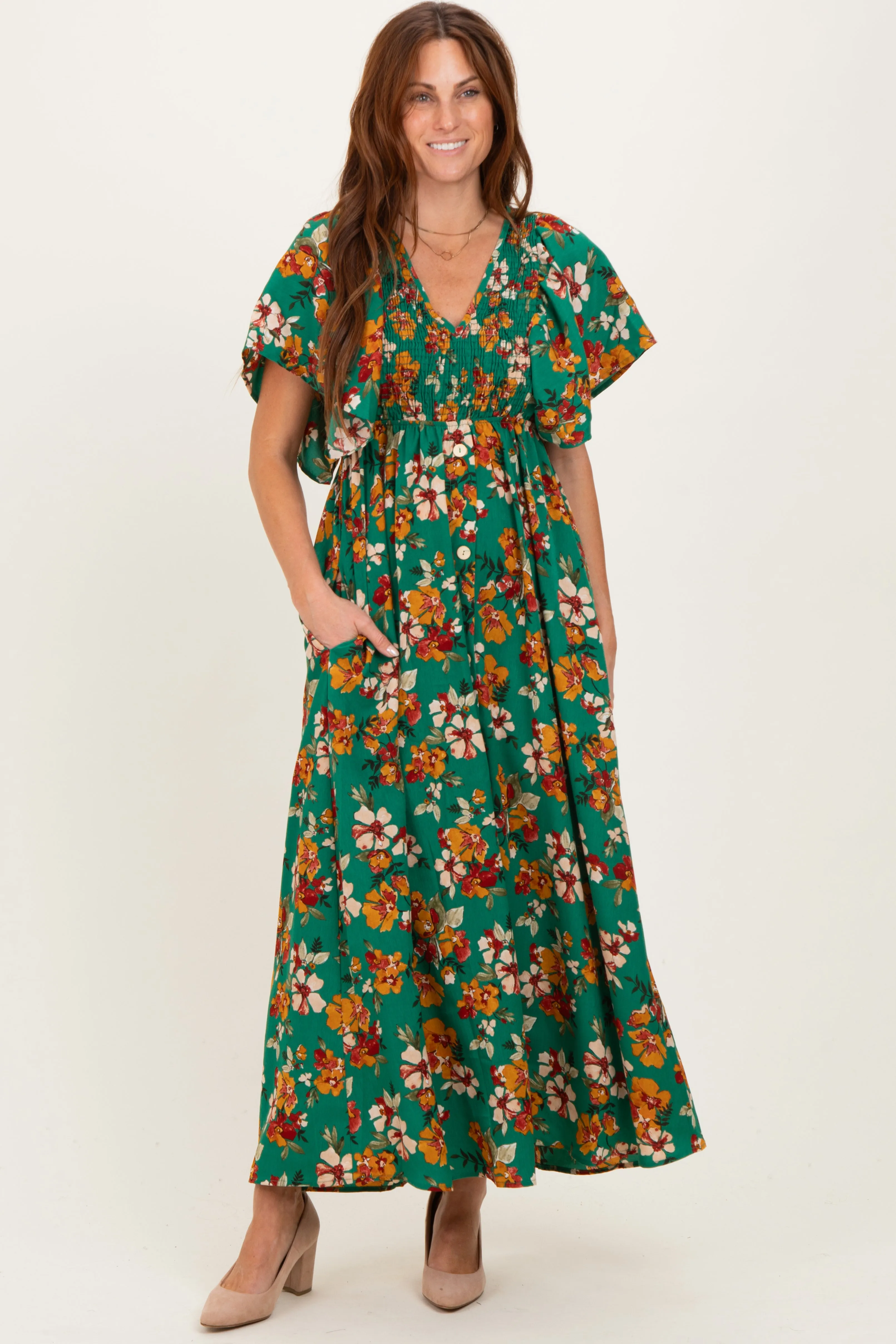 Hunter Green Fall Floral Short Sleeve V-Neck Maxi Dress sold by Pinkblush