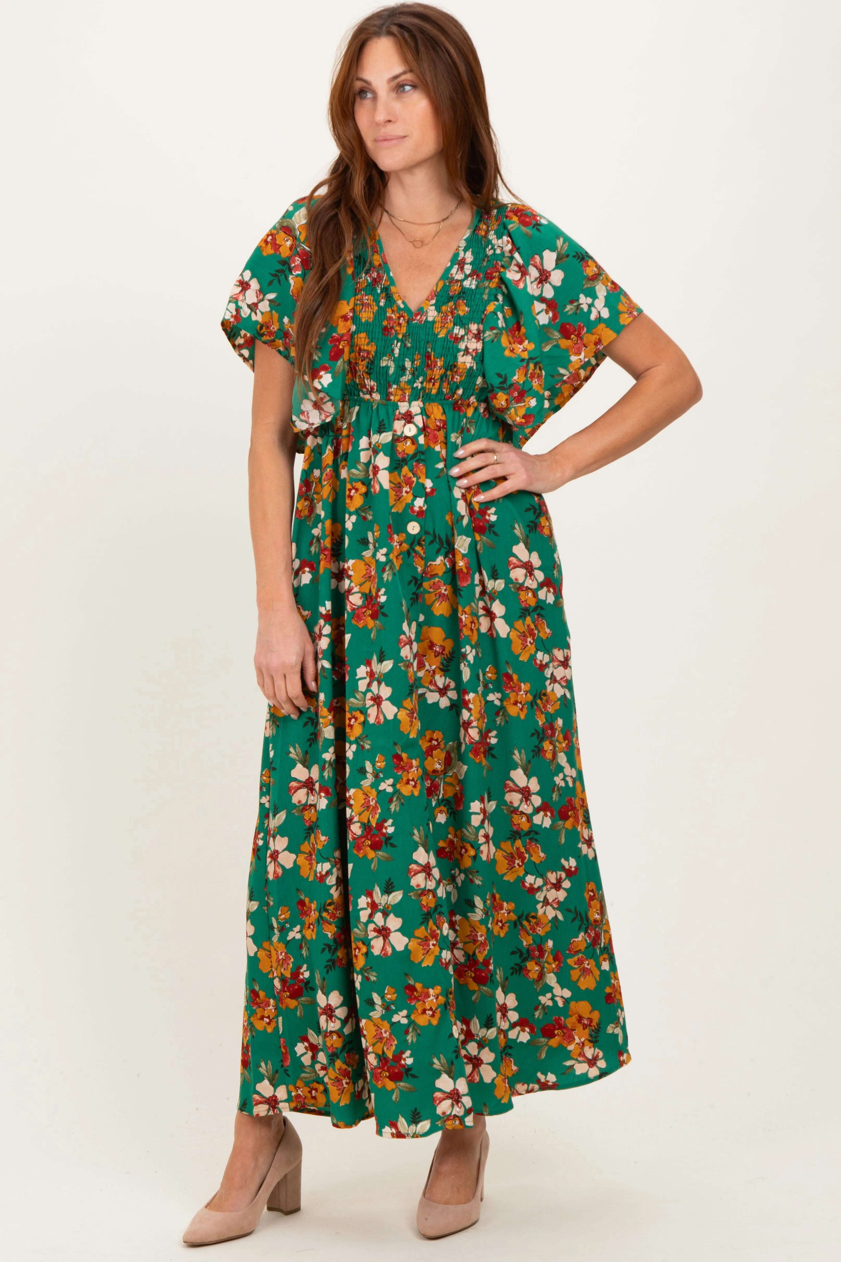 Hunter Green Fall Floral Short Sleeve V-Neck Maxi Dress sold by Pinkblush product image thumbnail 2