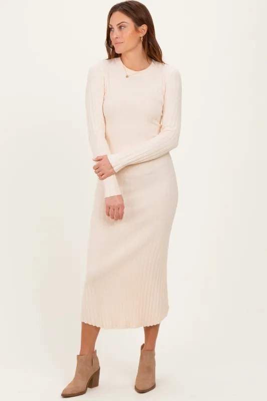Cream Ribbed Knit Fitted Midi Sweater Dress sold by Pinkblush