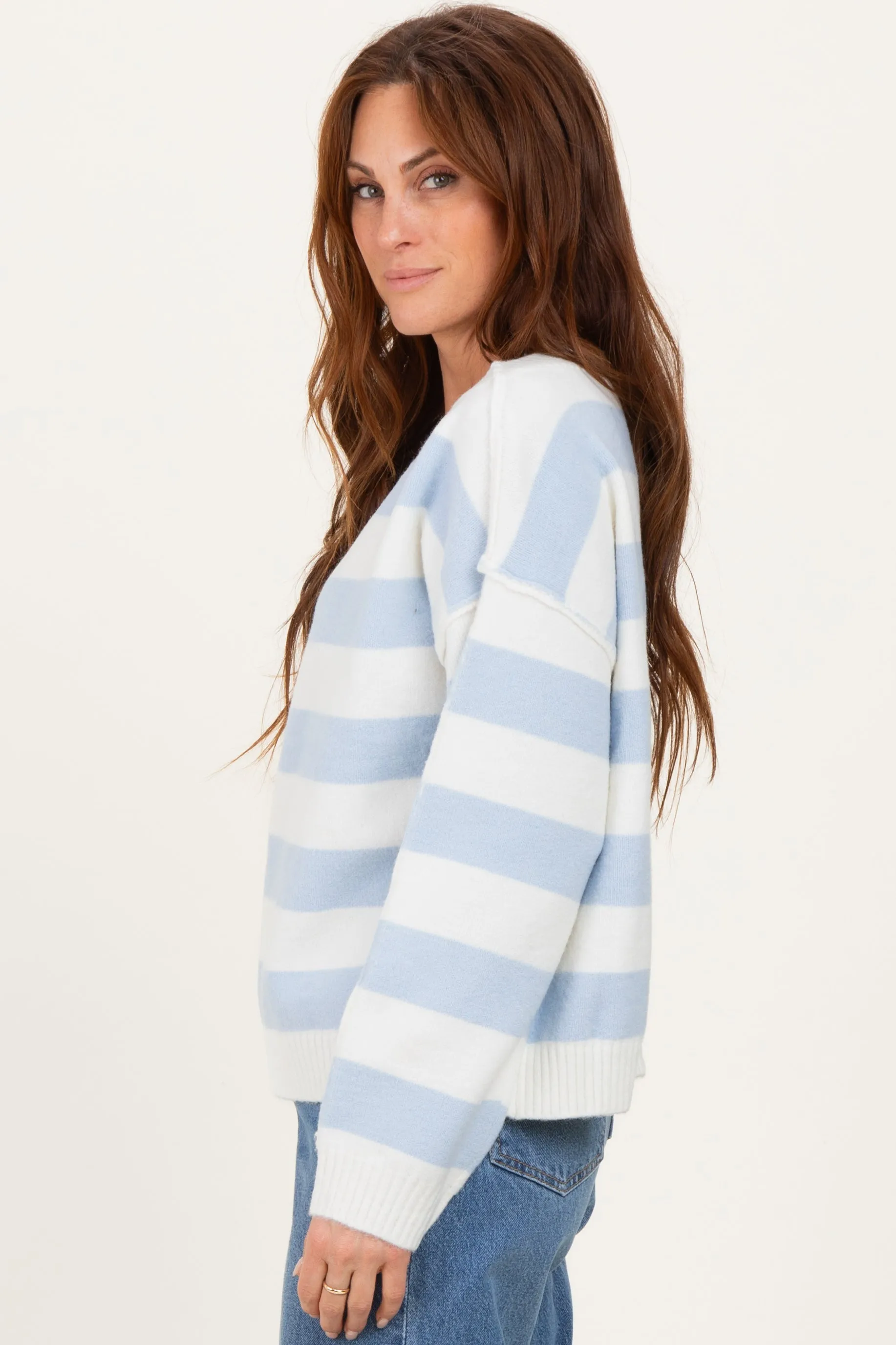 Light Blue Wide Stripe Boat Neck Sweater sold by Pinkblush product image thumbnail 3