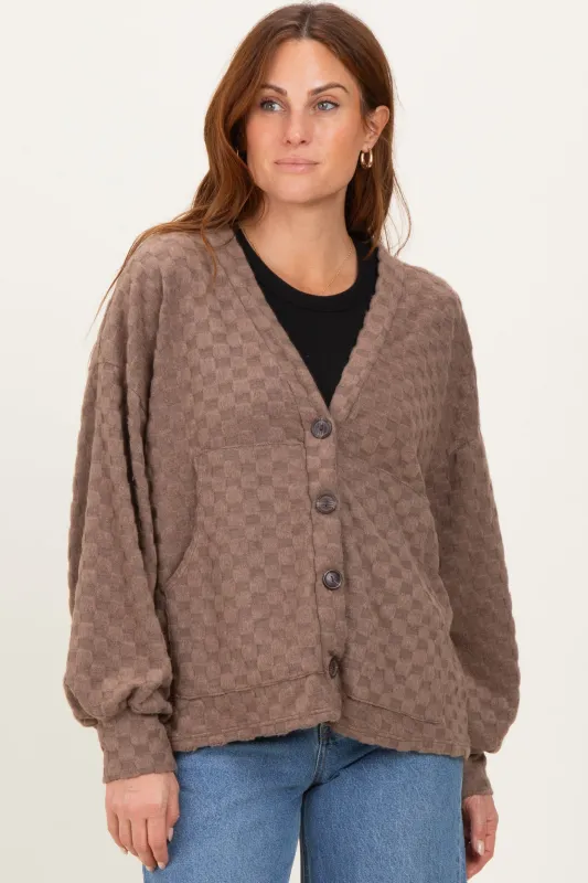 Mocha Checkered Knit Button Front Cardigan sold by Pinkblush