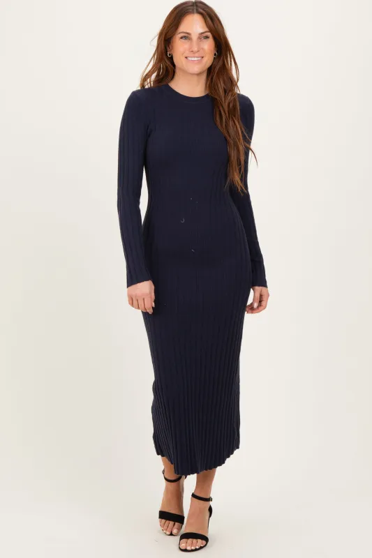 Navy Ribbed Knit Fitted Midi Sweater Dress sold by Pinkblush