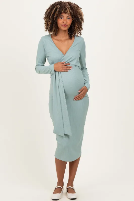 Sage Ribbed Long Sleeve Maternity Wrap Dress sold by Pinkblush