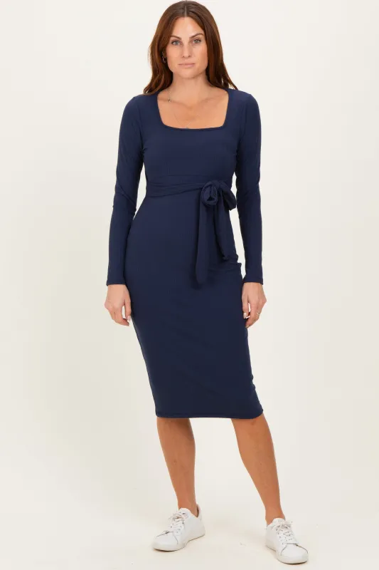 Navy Ribbed Long Sleeve Square Neck Tie Belt Midi Dress sold by Pinkblush