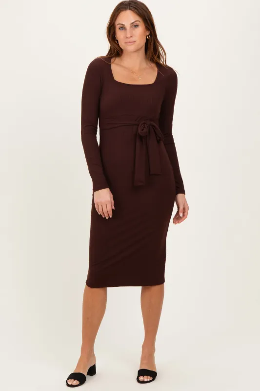 Brown Ribbed Long Sleeve Square Neck Tie Belt Midi Dress sold by Pinkblush