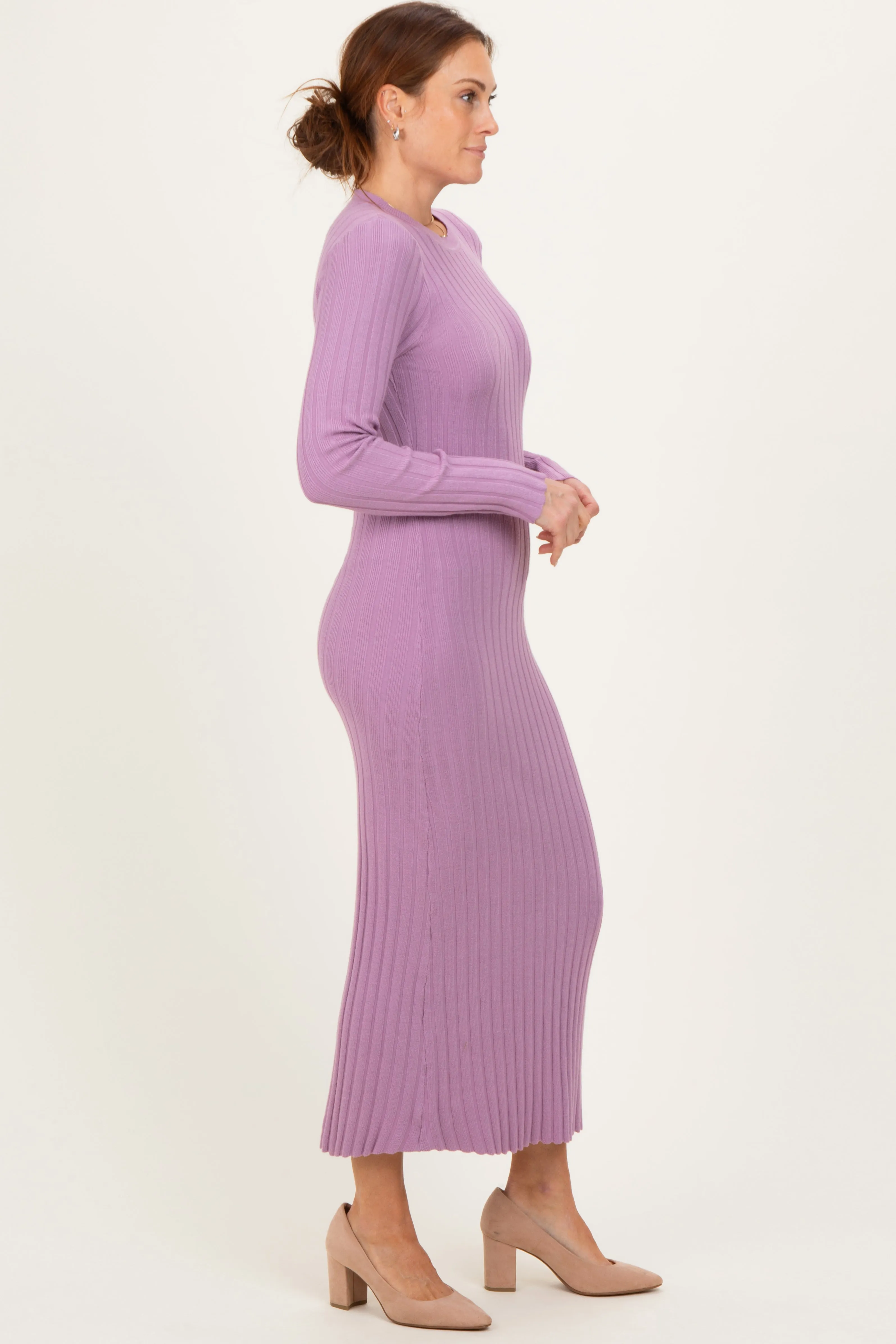 Purple Ribbed Knit Fitted Midi Sweater Dress sold by Pinkblush product image thumbnail 3