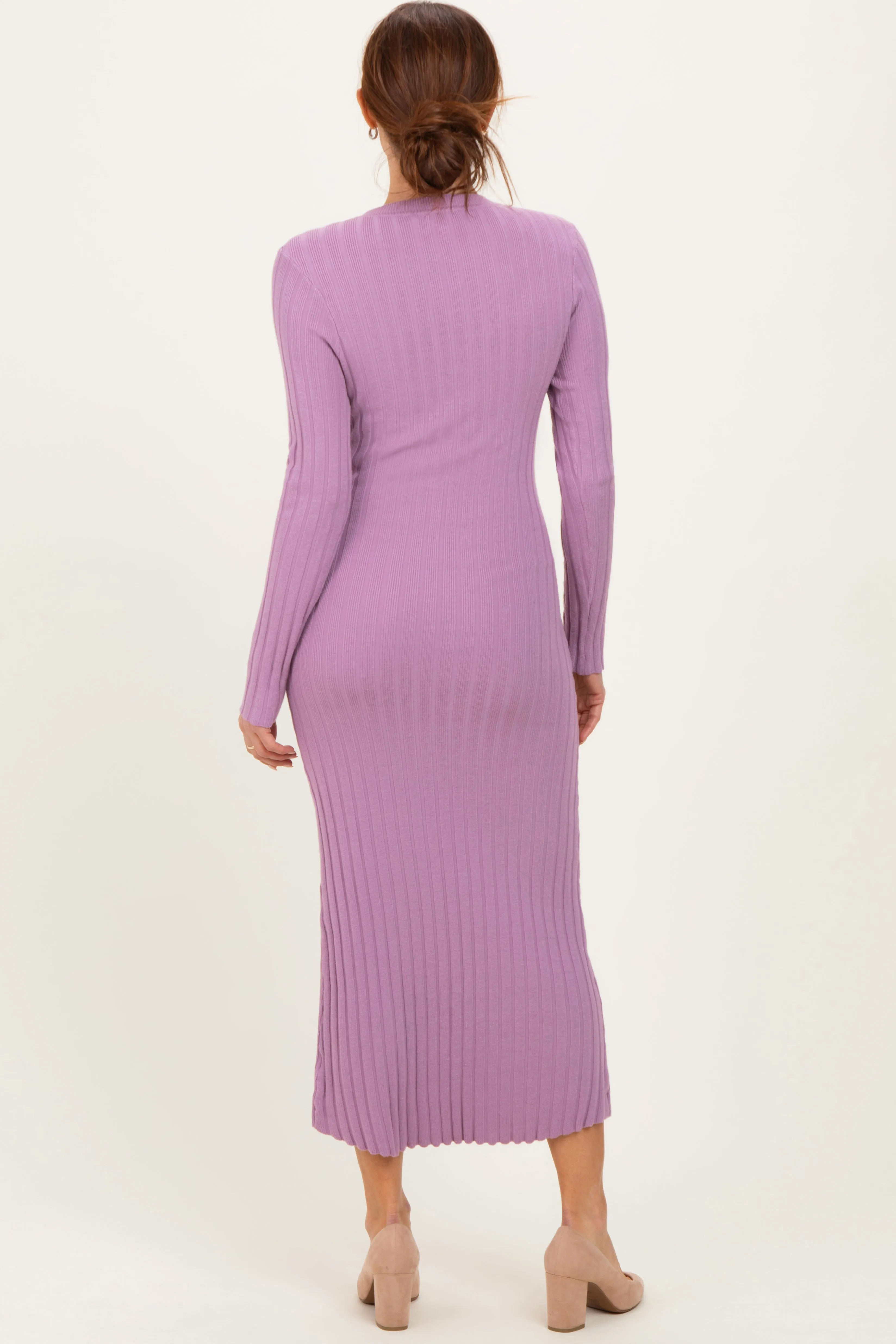 Purple Ribbed Knit Fitted Midi Sweater Dress sold by Pinkblush product image thumbnail 4