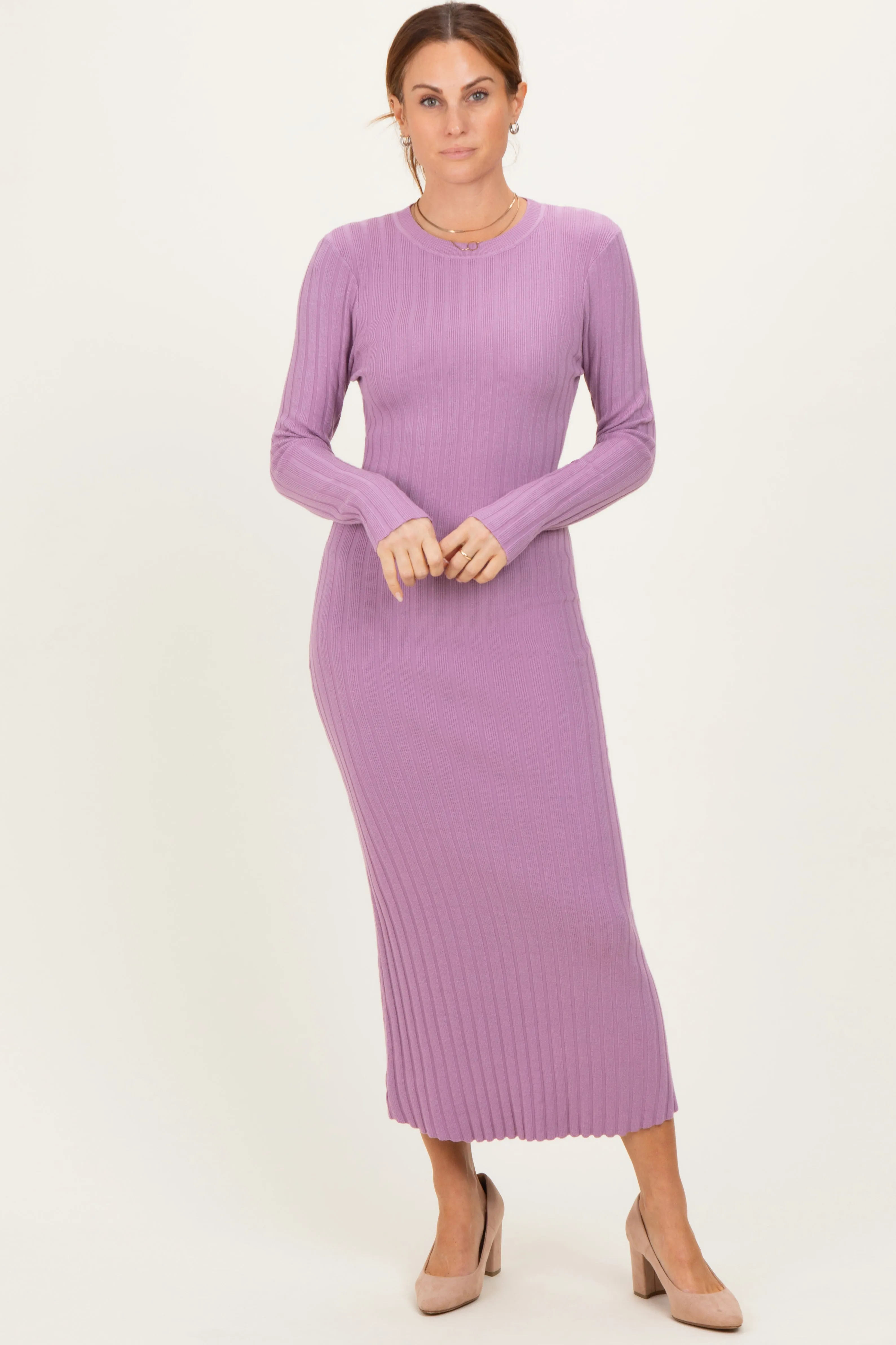 Purple Ribbed Knit Fitted Midi Sweater Dress sold by Pinkblush