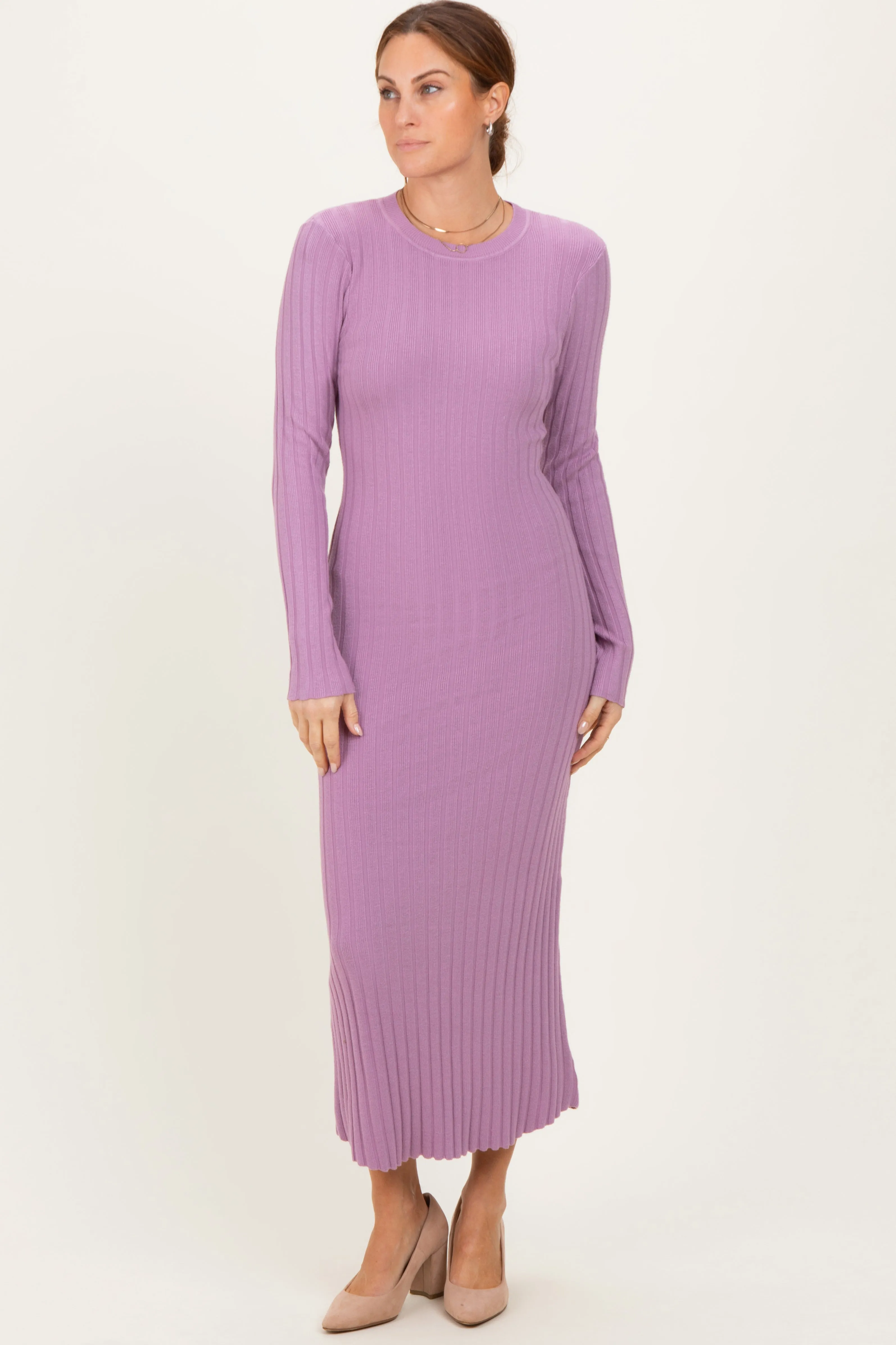 Purple Ribbed Knit Fitted Midi Sweater Dress sold by Pinkblush product image thumbnail 2
