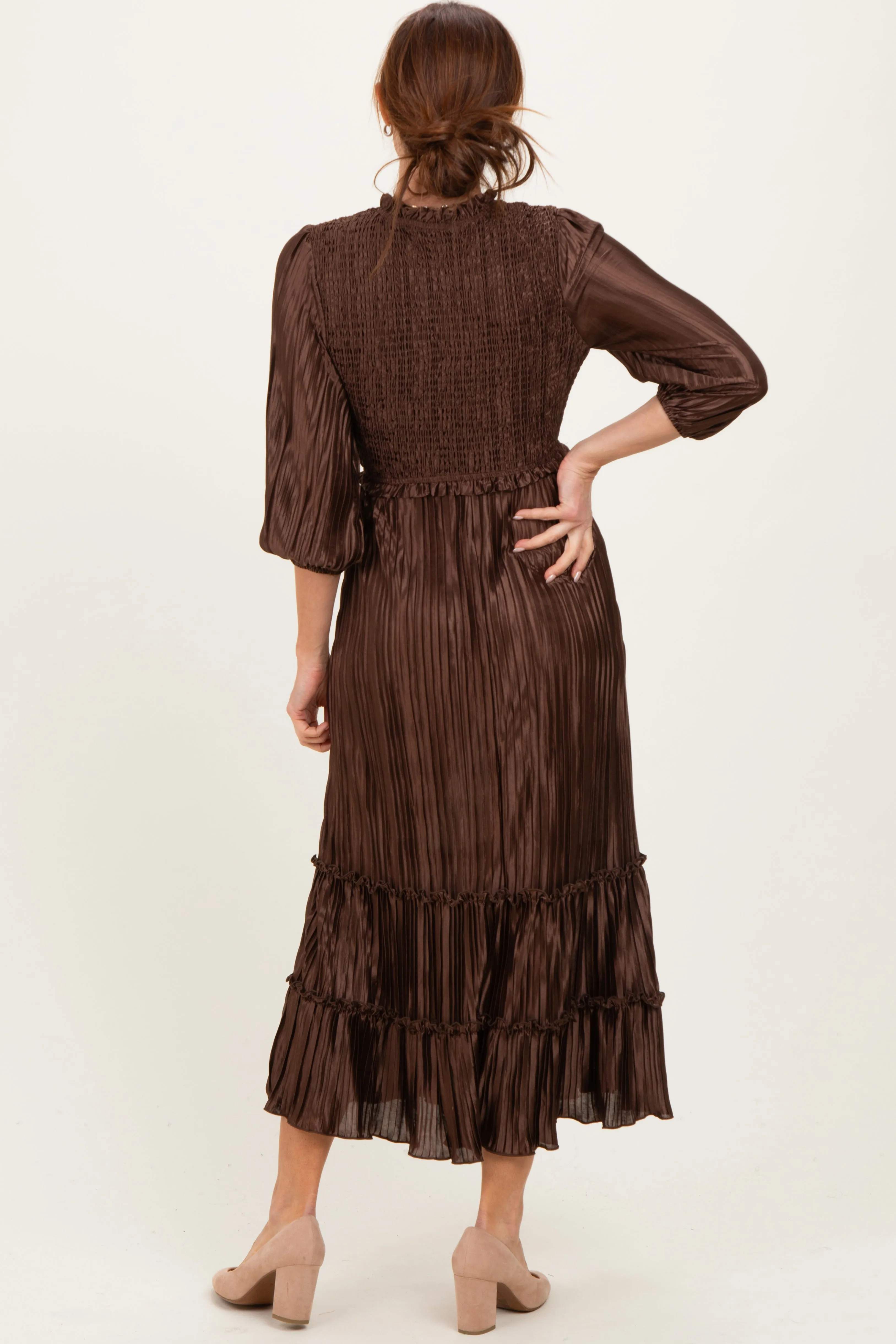Brown Pleated Satin Smocked Bodice Midi Dress sold by Pinkblush product image thumbnail 4