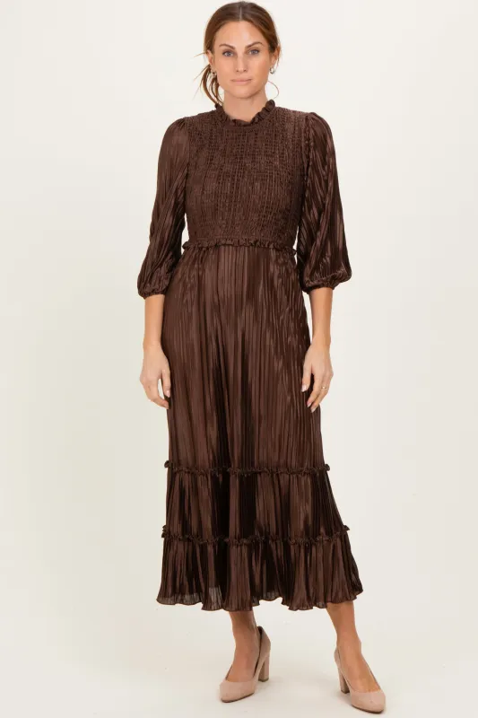 Brown Pleated Satin Smocked Bodice Midi Dress sold by Pinkblush
