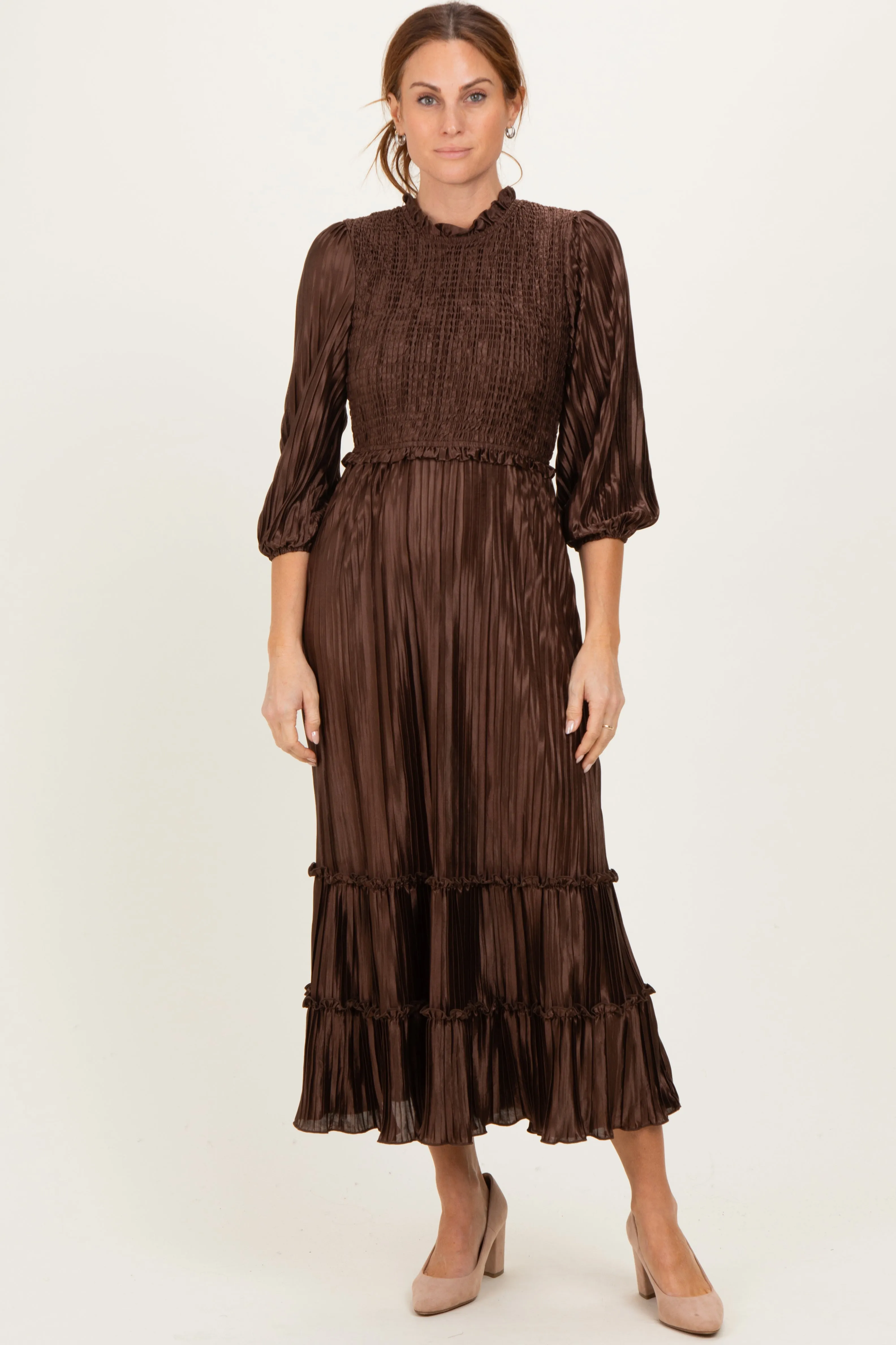 Brown Pleated Satin Smocked Bodice Midi Dress sold by Pinkblush