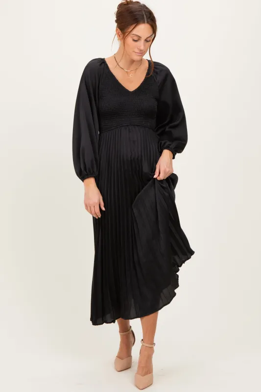 Black Satin Smocked Pleated Midi Dress sold by Pinkblush