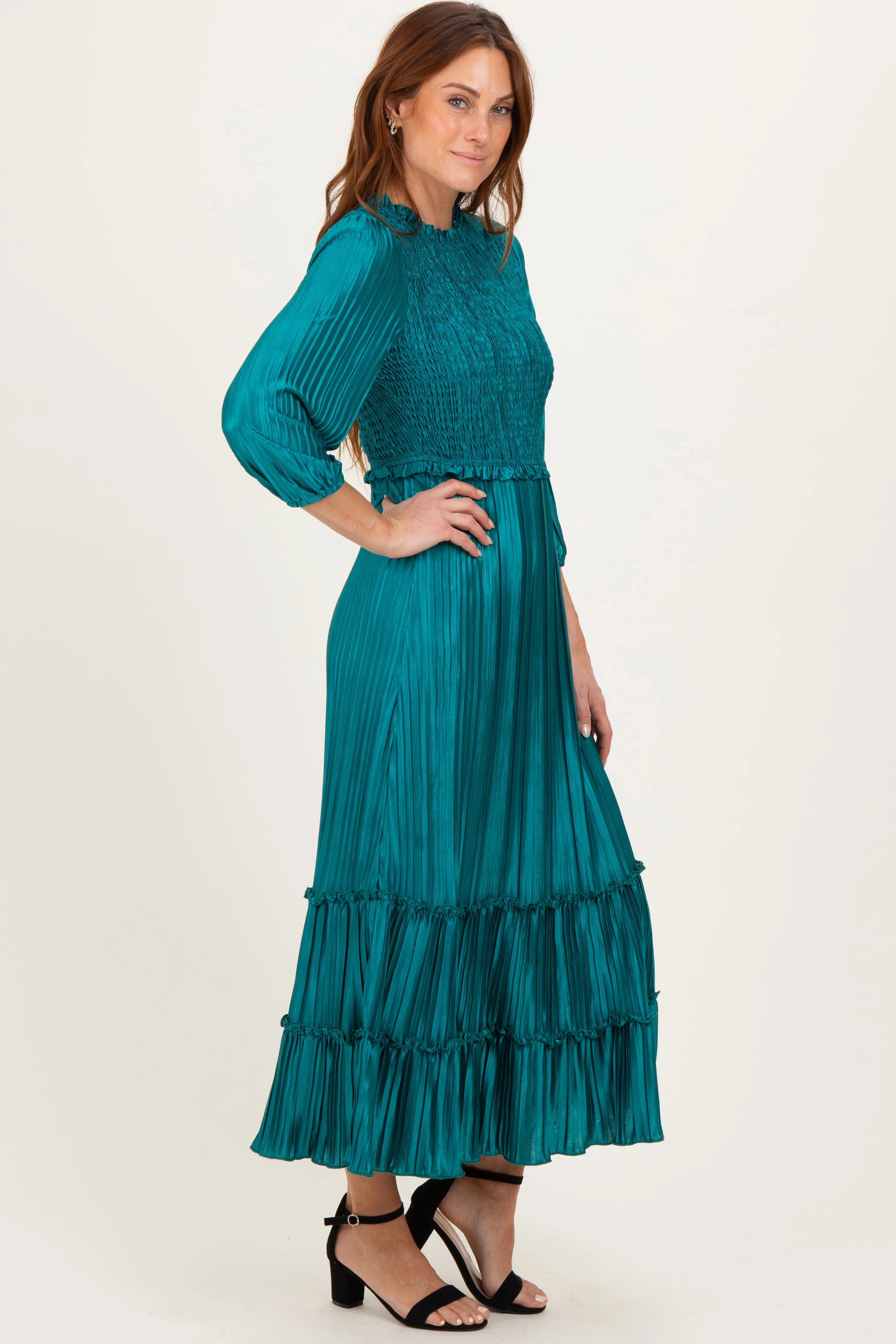 Forest Green Pleated Satin Smocked Bodice Midi Dress sold by Pinkblush product image thumbnail 3