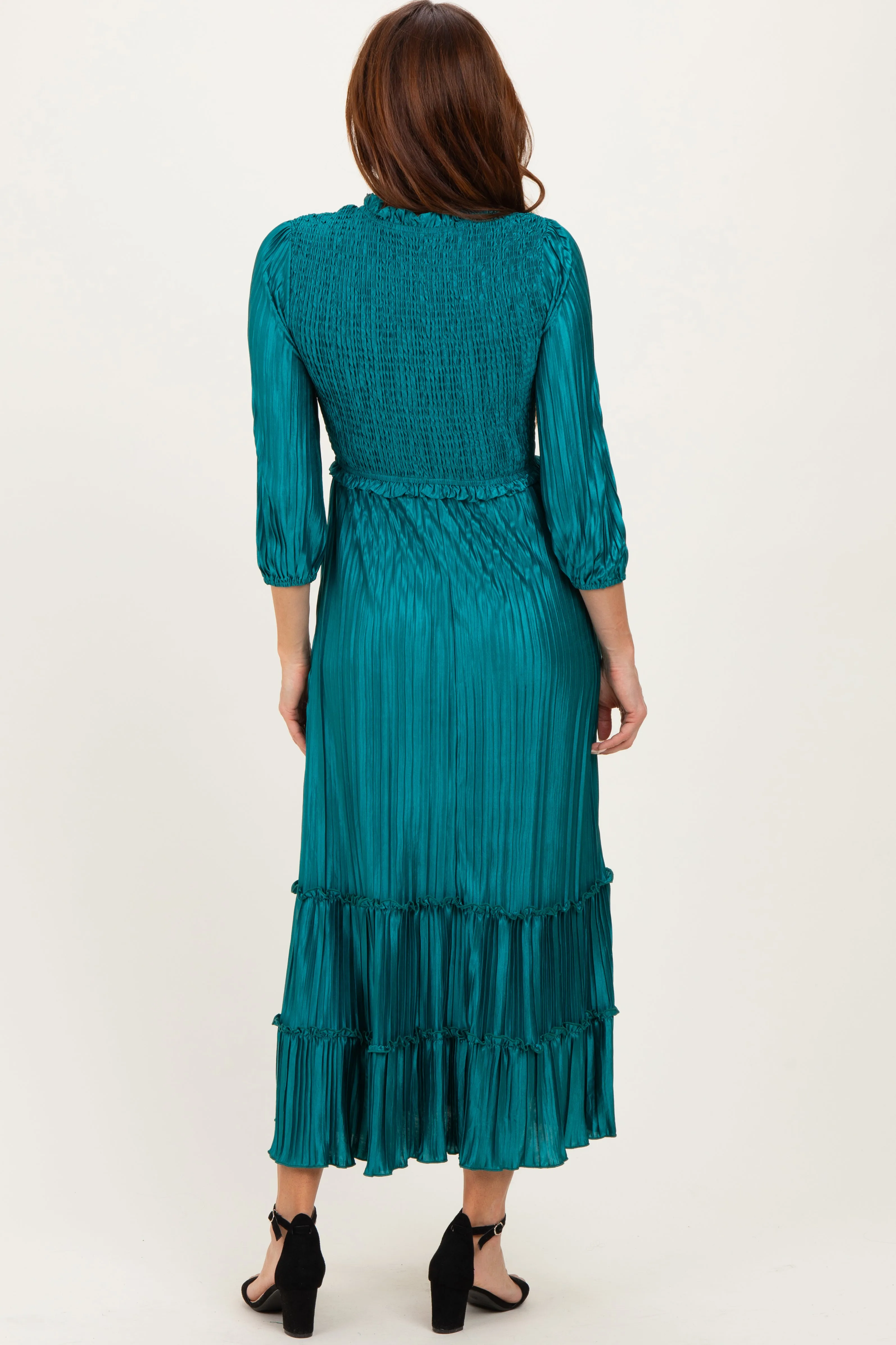 Forest Green Pleated Satin Smocked Bodice Midi Dress sold by Pinkblush product image thumbnail 4